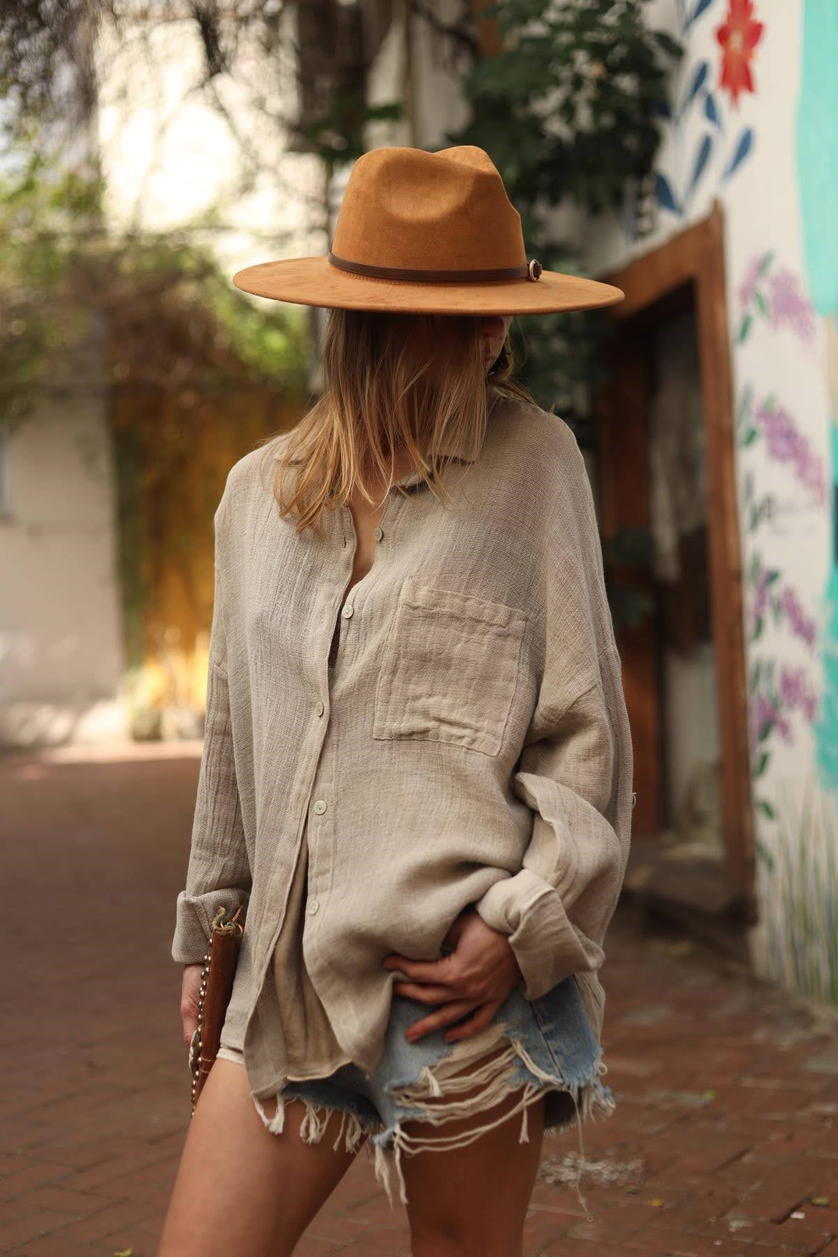 Vizon Rengi Tek Cepli Soft Keten Gömlek