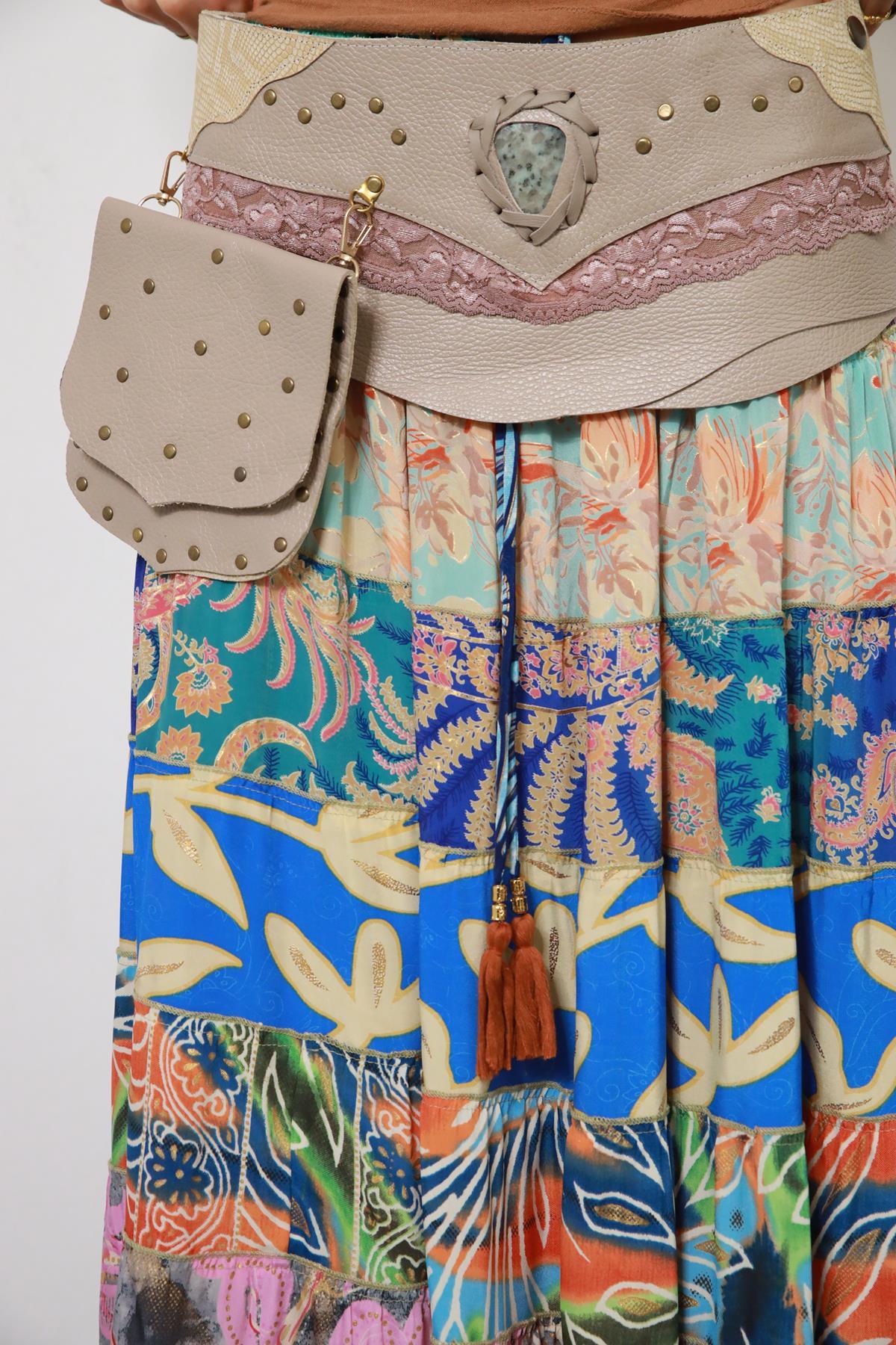 Bej Dantelli Cepli Deri Kemer