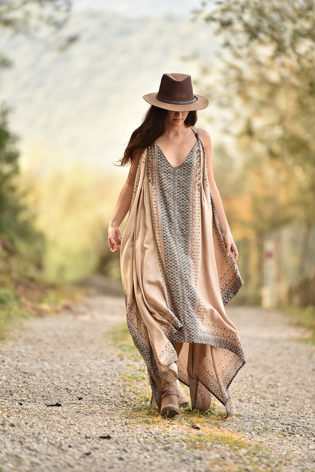 Beige Inlaid Asymmetric Boho Dress - Şaman Butik | Boho Fashion