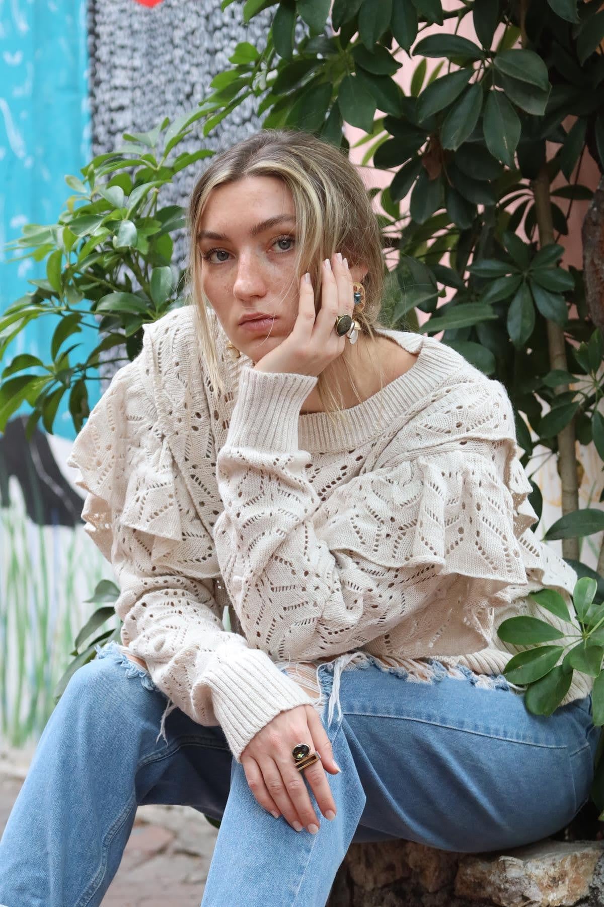 Beige Embroidered Tiered Shoulder  Knitwear Pullover