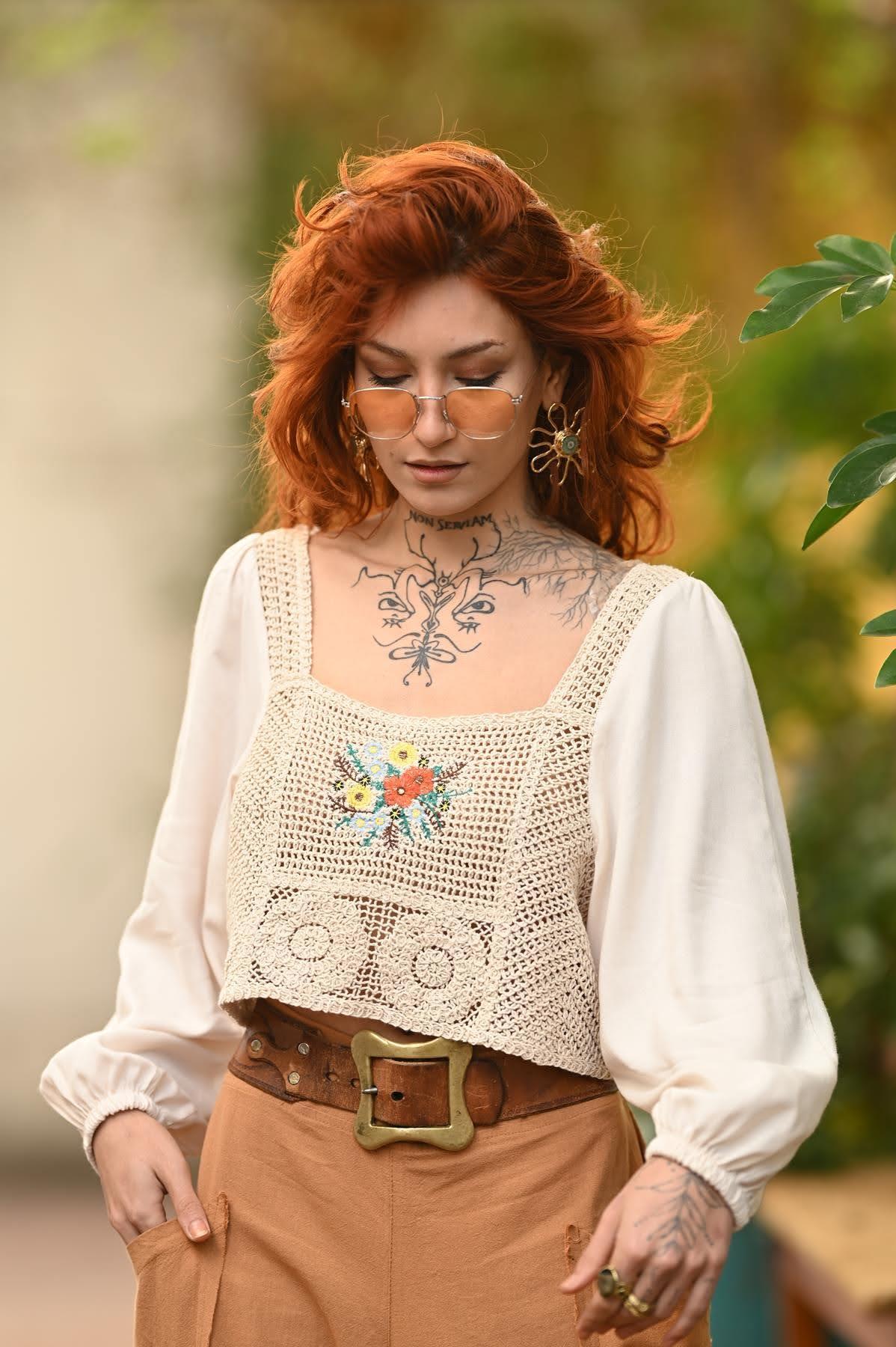 Beige Square Collar Flower Blouse