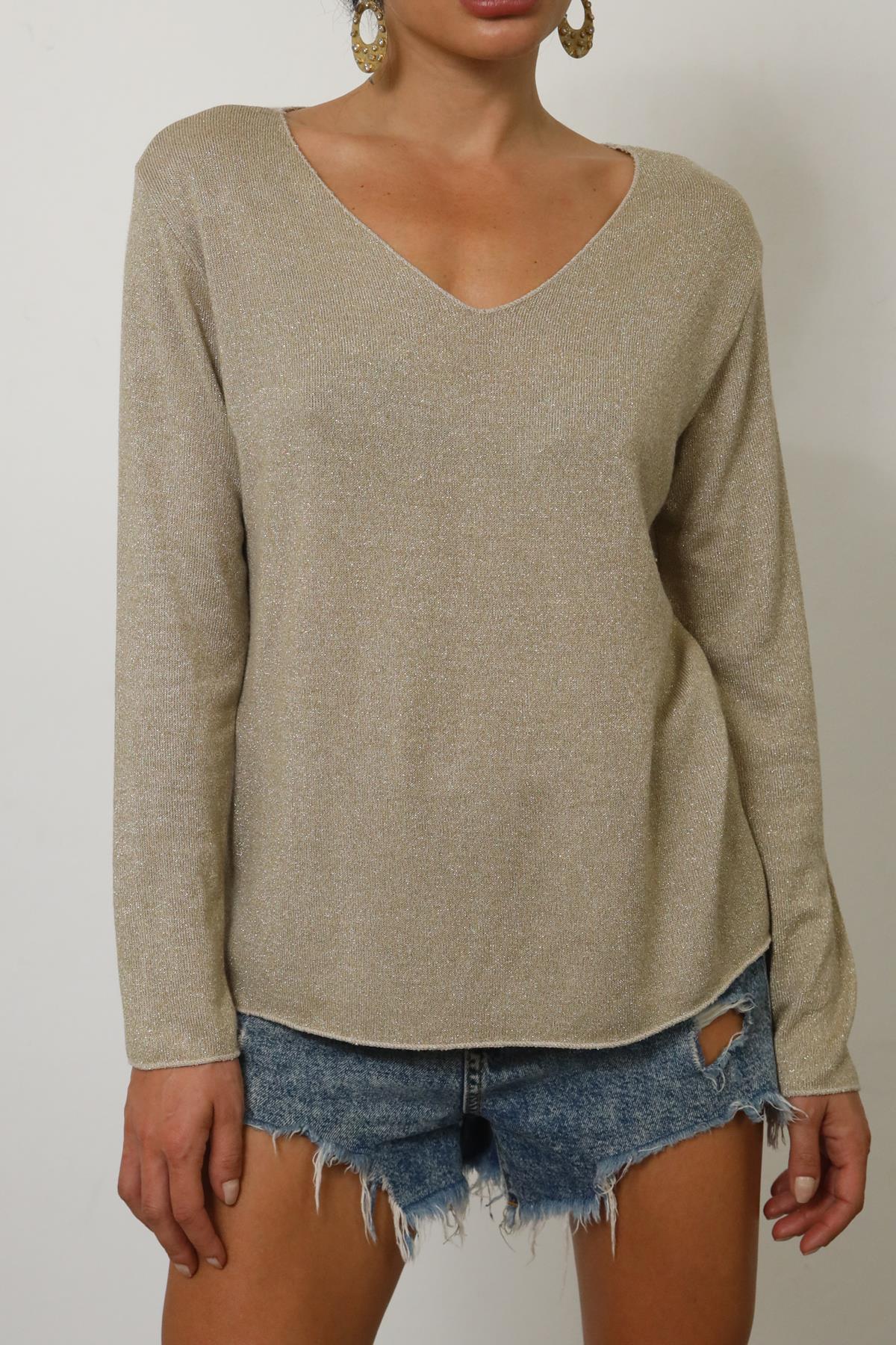 Bej V Yaka Simli Triko Bluz