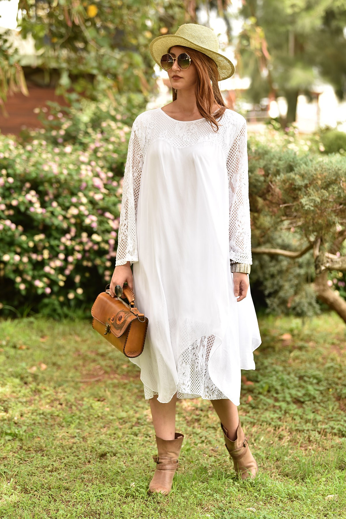 White Lace Sleeve Silk Dress - Şaman Butik | Boho Fashion