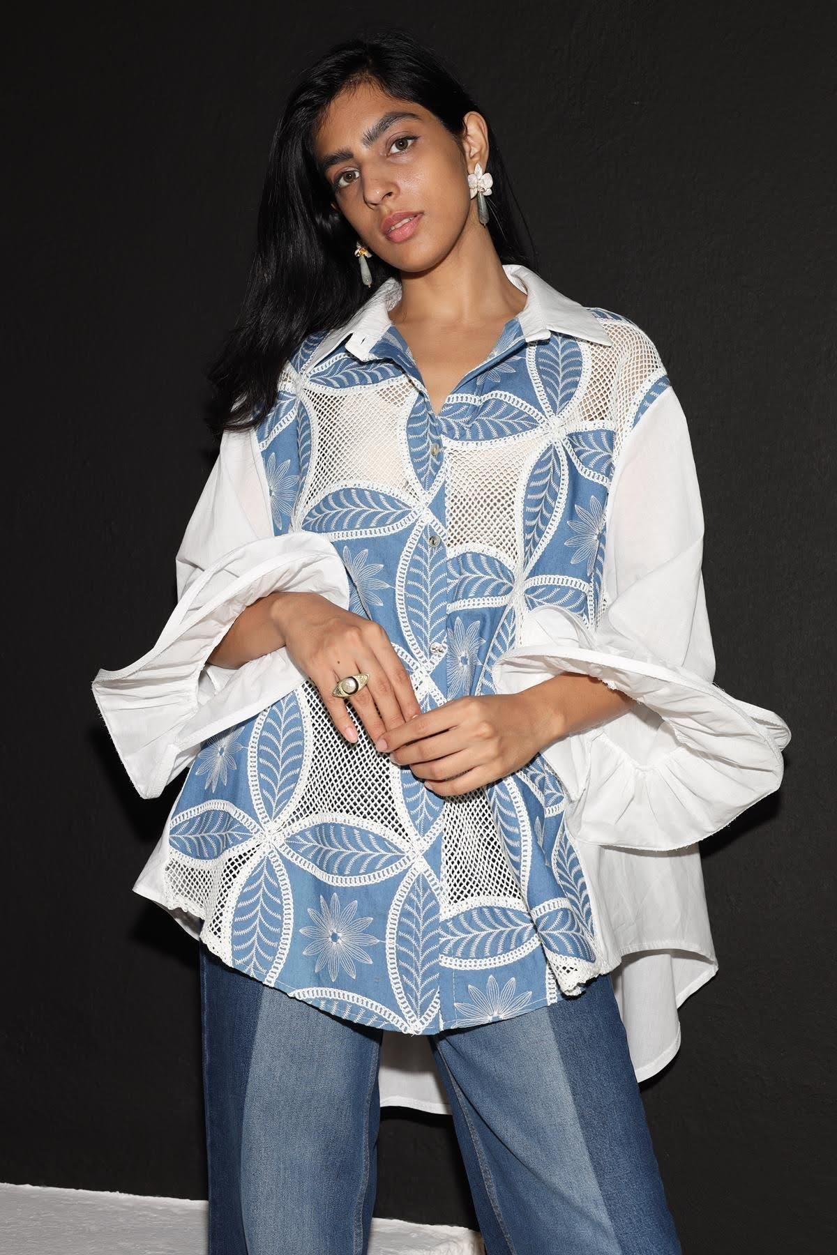 Beyaz Fileli Kot Detaylı Kolları Volanlı Tunik