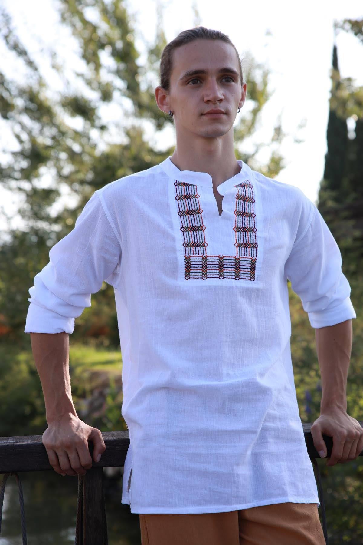 White Mandarin Collar Embroidery Detail Cotton Shirt