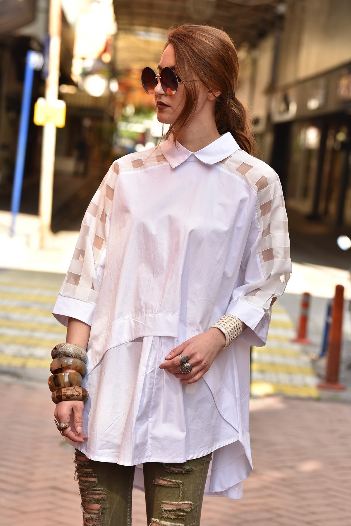 Beyaz Kolları Kareli Transparan Tunik Gömlek - Şaman Butik - Bohem Giyim ve  Aksesuar | Kadın & Erkek