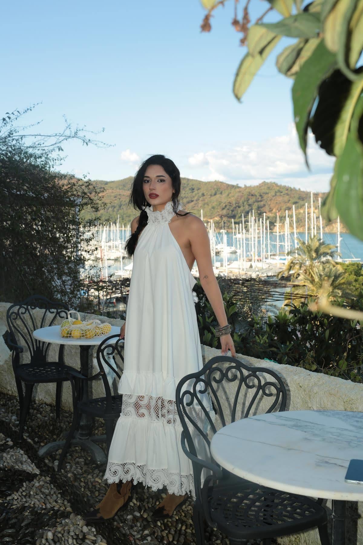 White Lace Detail Low-Cut Ruffled Bohemian Dress