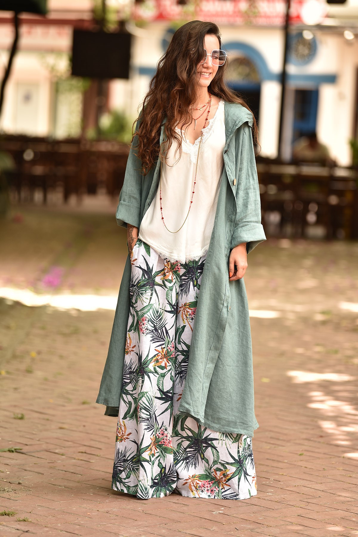 White Tropical Pattern Wide Leg Linen Pants - Şaman Butik | Boho Fashion