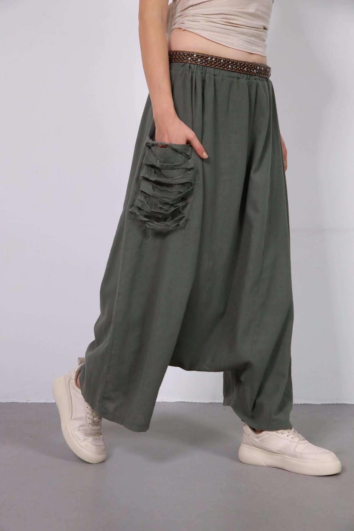  Haki Cebi Yırtık Detaylı Keten Şalvar