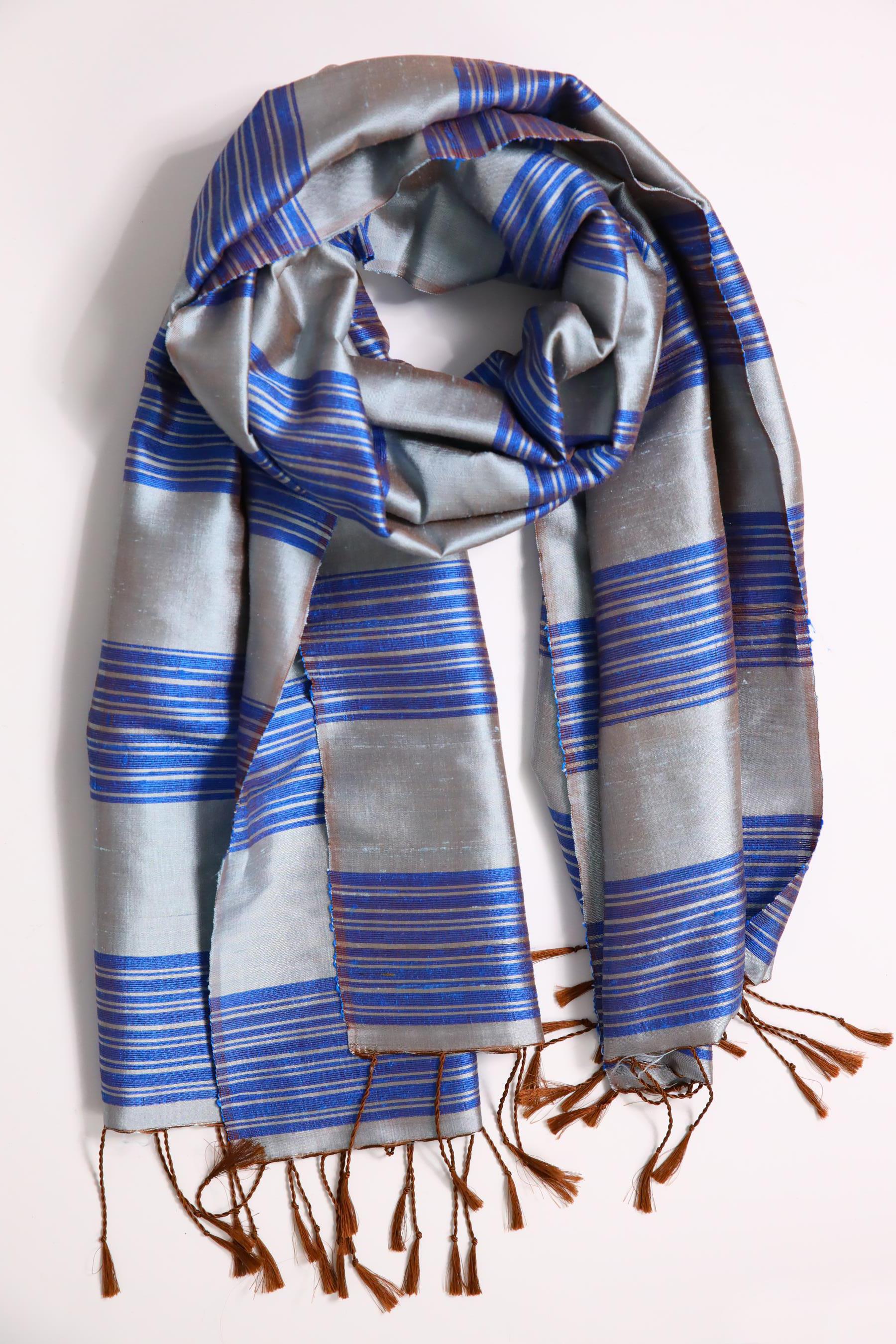  Mavi Çizgili Otantik İpek Şal