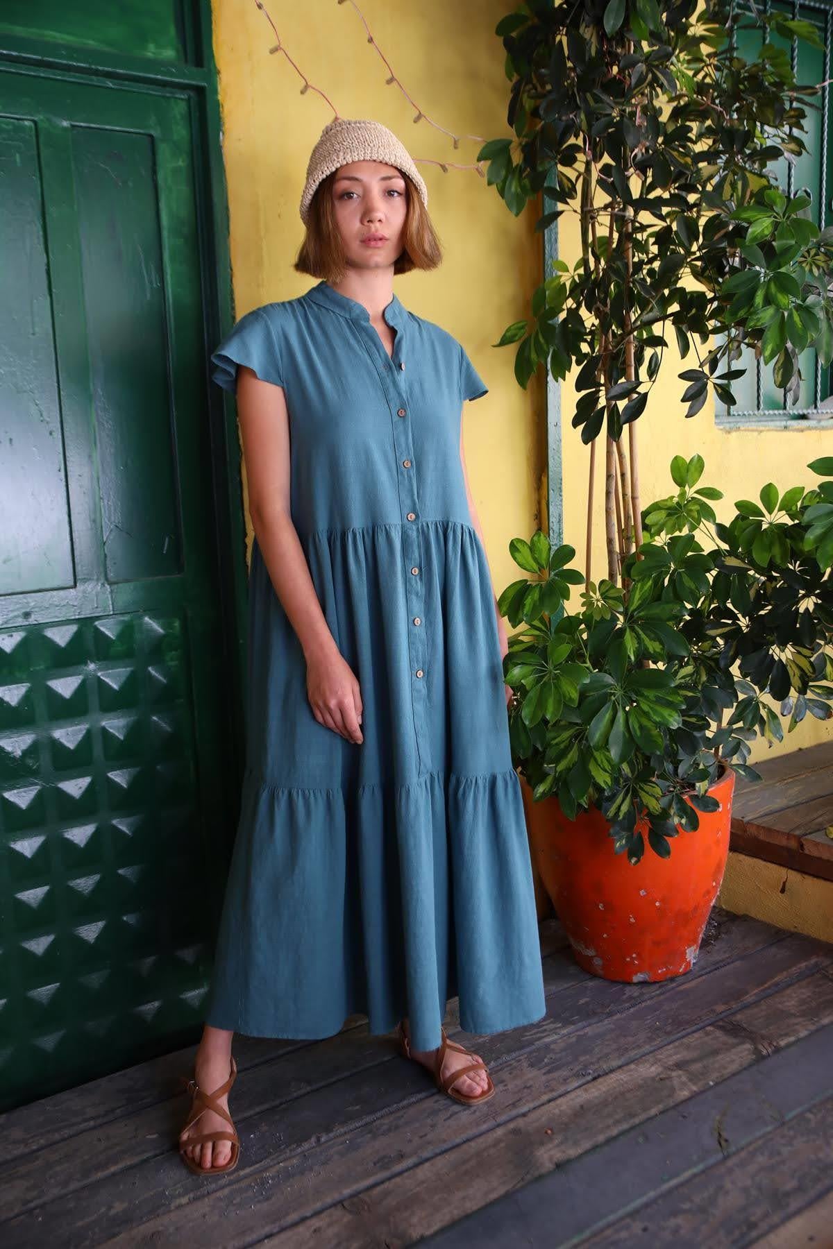 Mint Yeşili Hakim Yaka Pileli Önü Düğmeli Keten Elbise - Şaman Butik Mint Yeşili Hakim Yaka Pileli Önü Düğmeli Keten Elbise