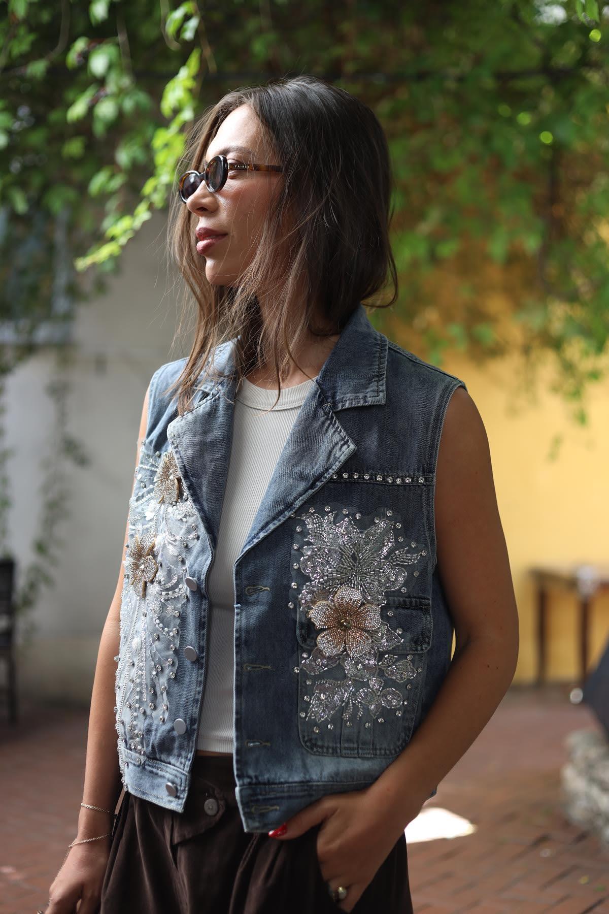 Mavi Taş İşlemeli Otantik Kot Yelek