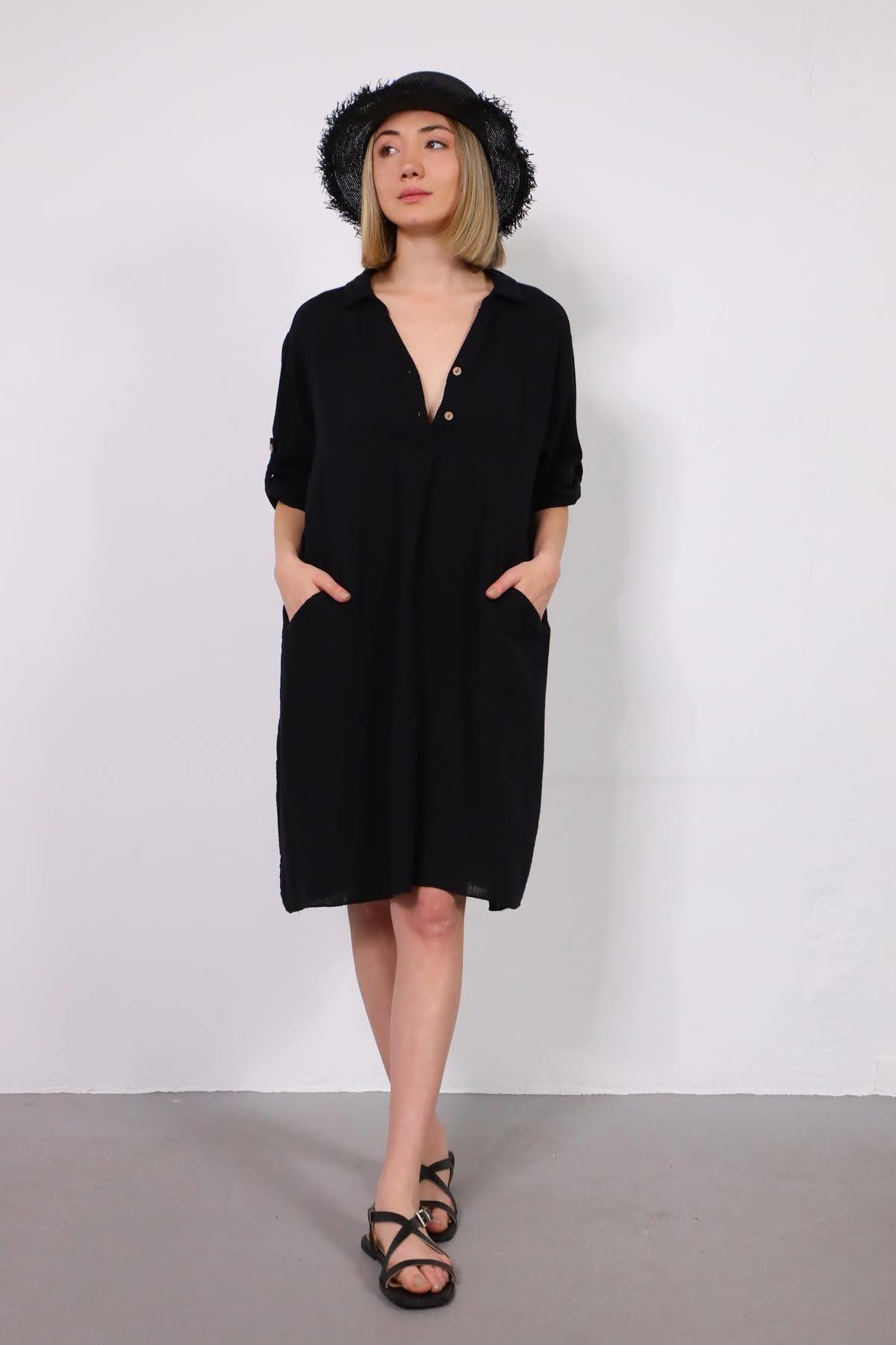 Siyah Kolları Apoletli Gömlek Yaka Müslin Elbise - Şaman Butik Siyah Kolları Apoletli Gömlek Yaka Müslin Elbise