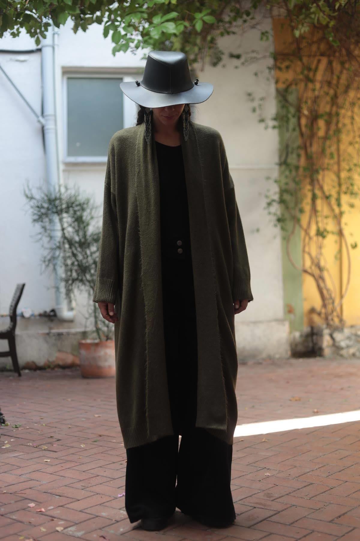 Haki Şal Yaka Uzun Hırka