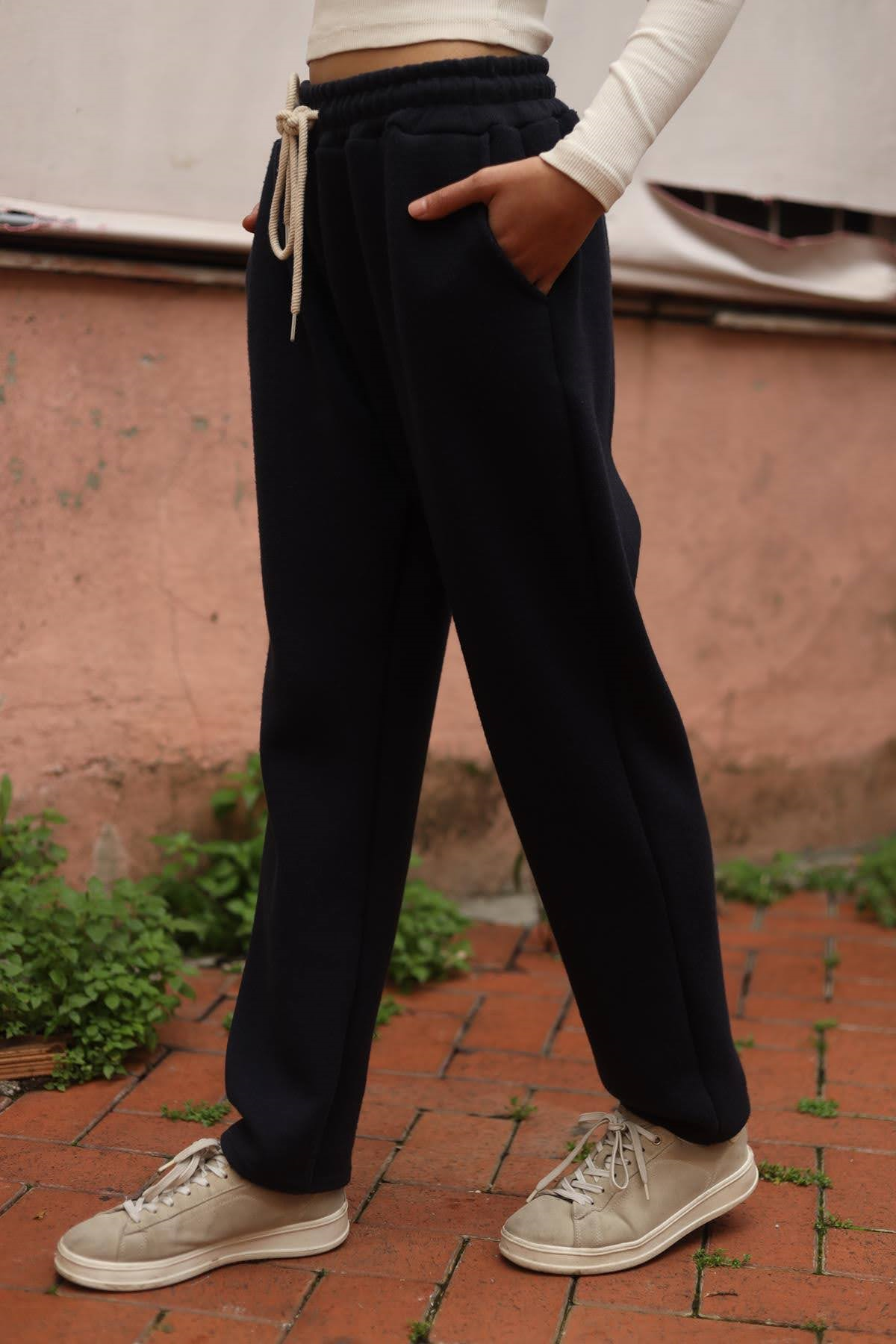 Lacivert Beli İpli Triko Pantolon