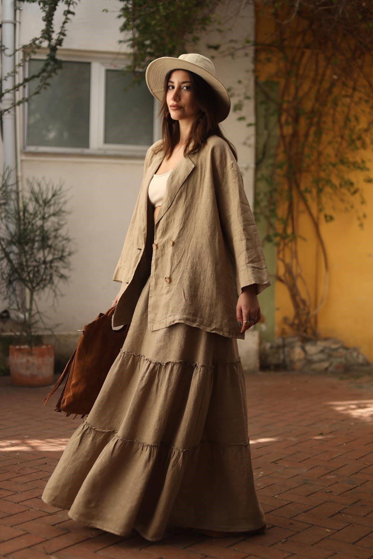 Camel Rengi Dikiş Detaylı Beli Gipeli Keten Etek