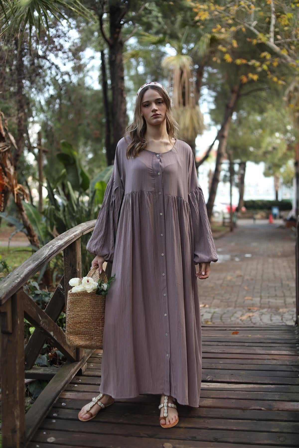 Vizon Rengi Balon Kol Gofre Gömlek Elbise