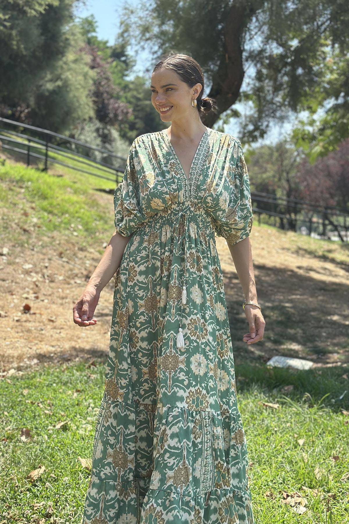 Green Shoulder Detailed Authentic Silk Dress