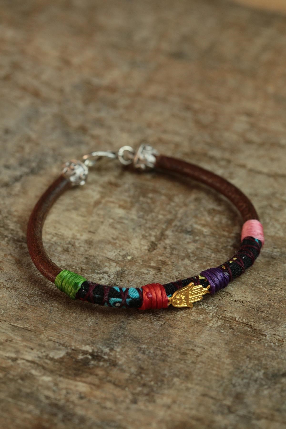 Bronz Fatma'nın Eli Detaylı Deri Bileklik - Şaman Bileklik Bronz Fatma'nın Eli Detaylı Deri Bileklik