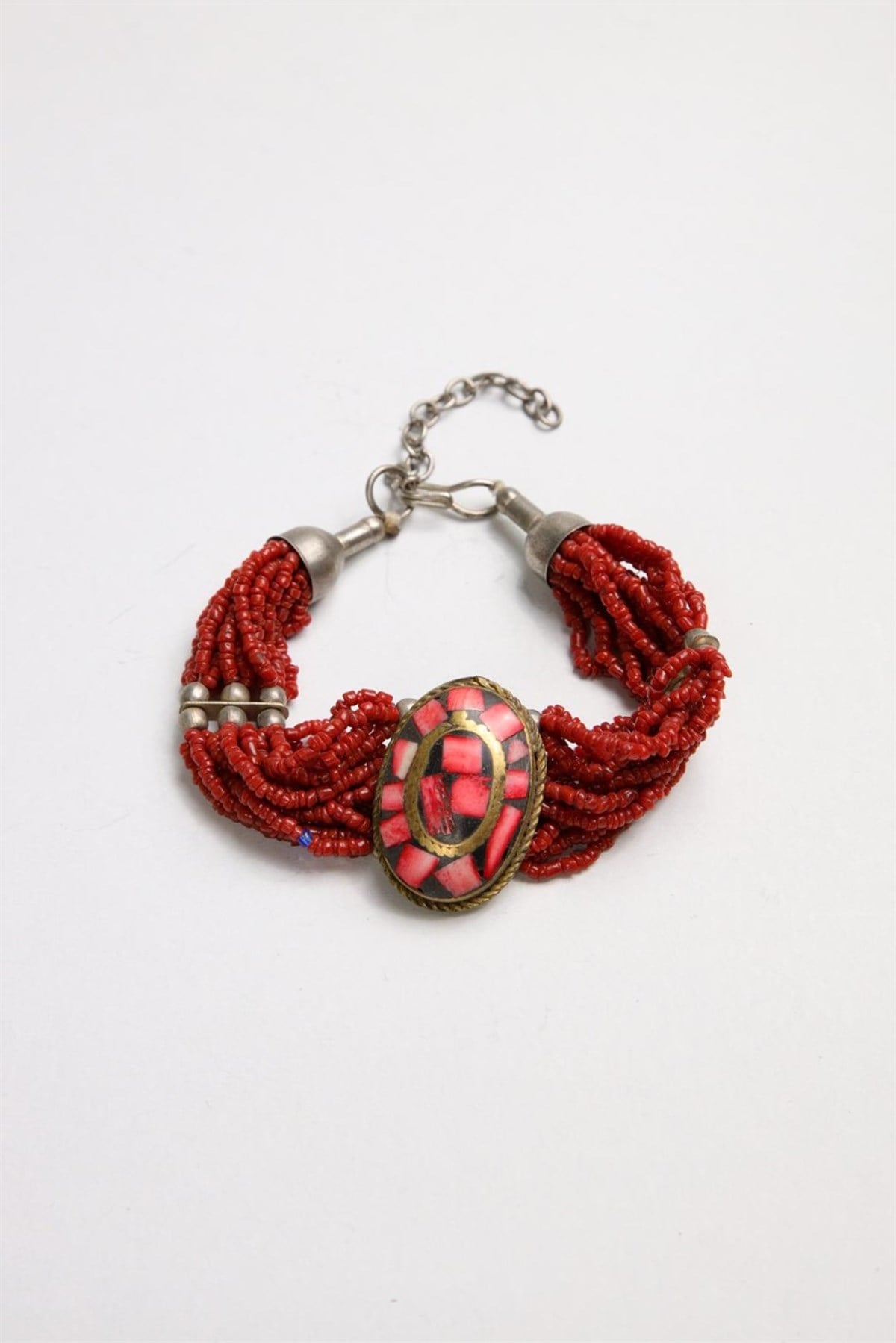  Bronz Parça Üzeri Gömme Mercan Taşlı Tasarım Bileklik