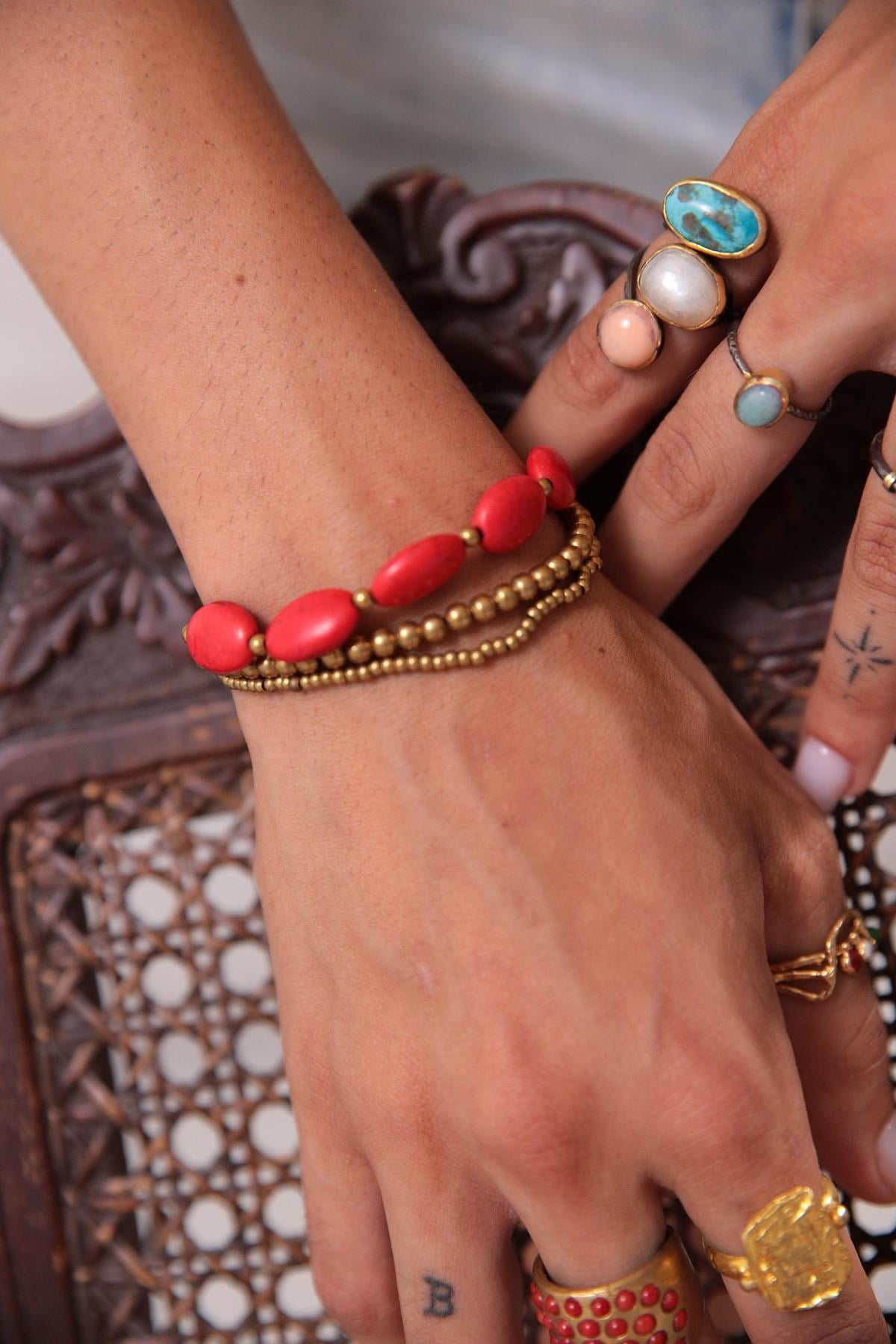 Oval Mercan Taşlı Bronz Tasarım Üç Sıra Bileklik - Şaman Butik Oval Mercan Taşlı Bronz Tasarım Üç Sıra Bileklik