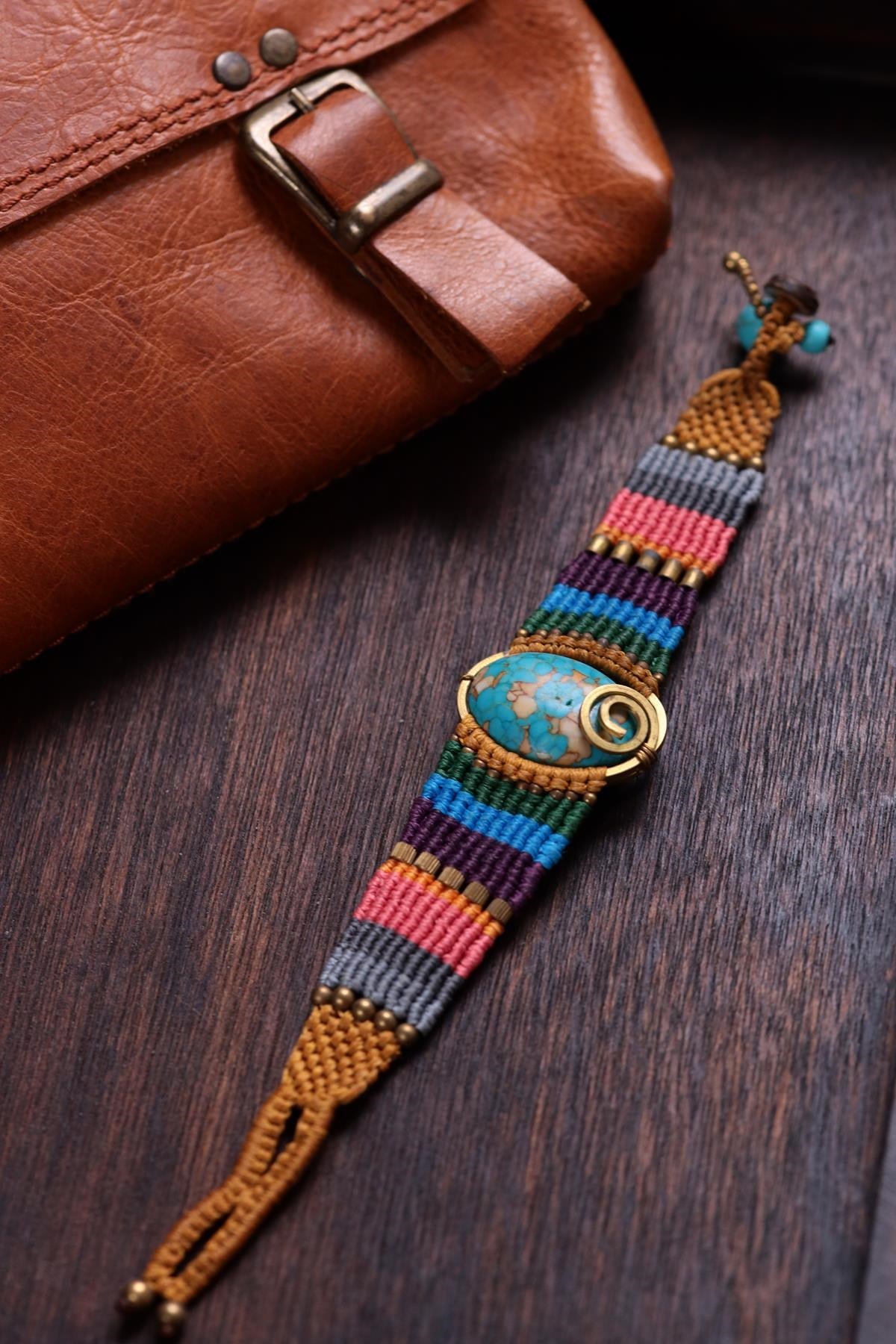  Oval Turkuaz Taşlı Bronz Spiral Örgü Tasarım Bileklik