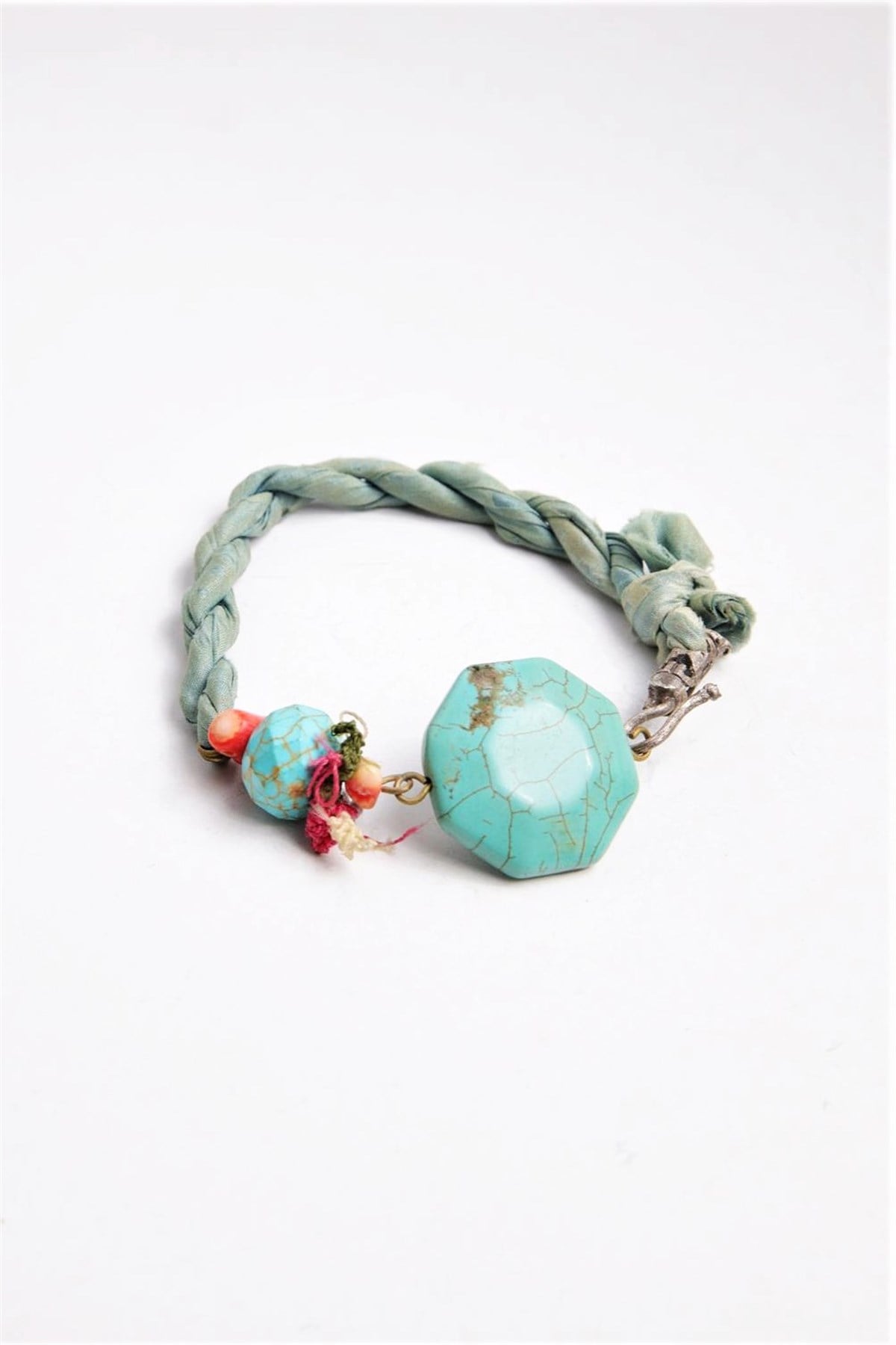  Turkuaz Ve Mercan Taşlı Örme Kumaş Tasarım Bileklik