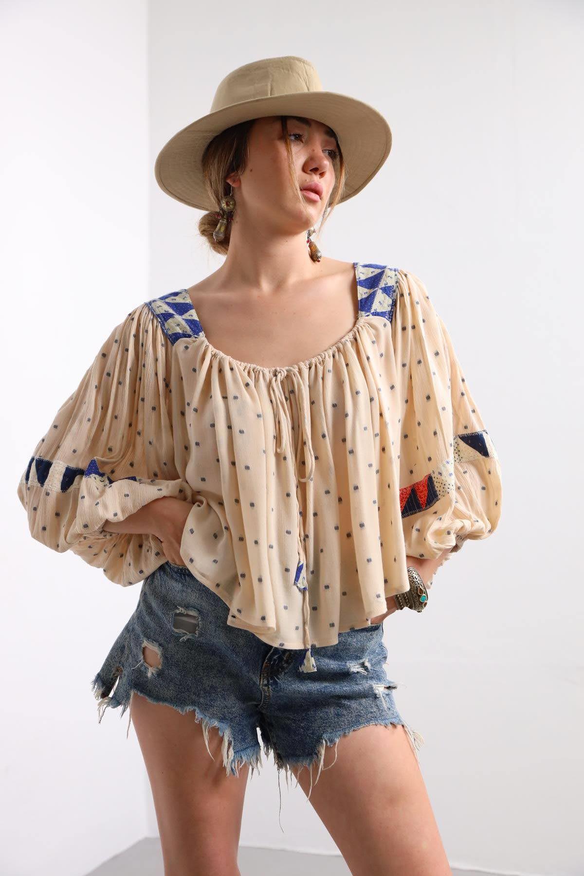 Navy Blue Floral Stitched Waist Shirt Dress - Şaman Butik Beige Bishop Sleeve Tied Back Boho Blouse