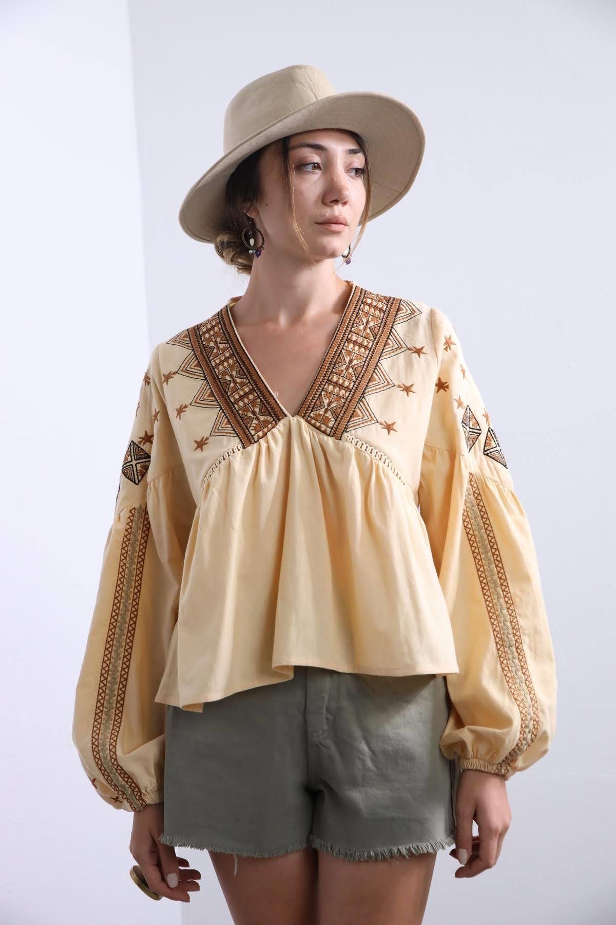 Saman Butik | Shop Online Beige Embroidered V-Neck Bishop Sleeve Blouse