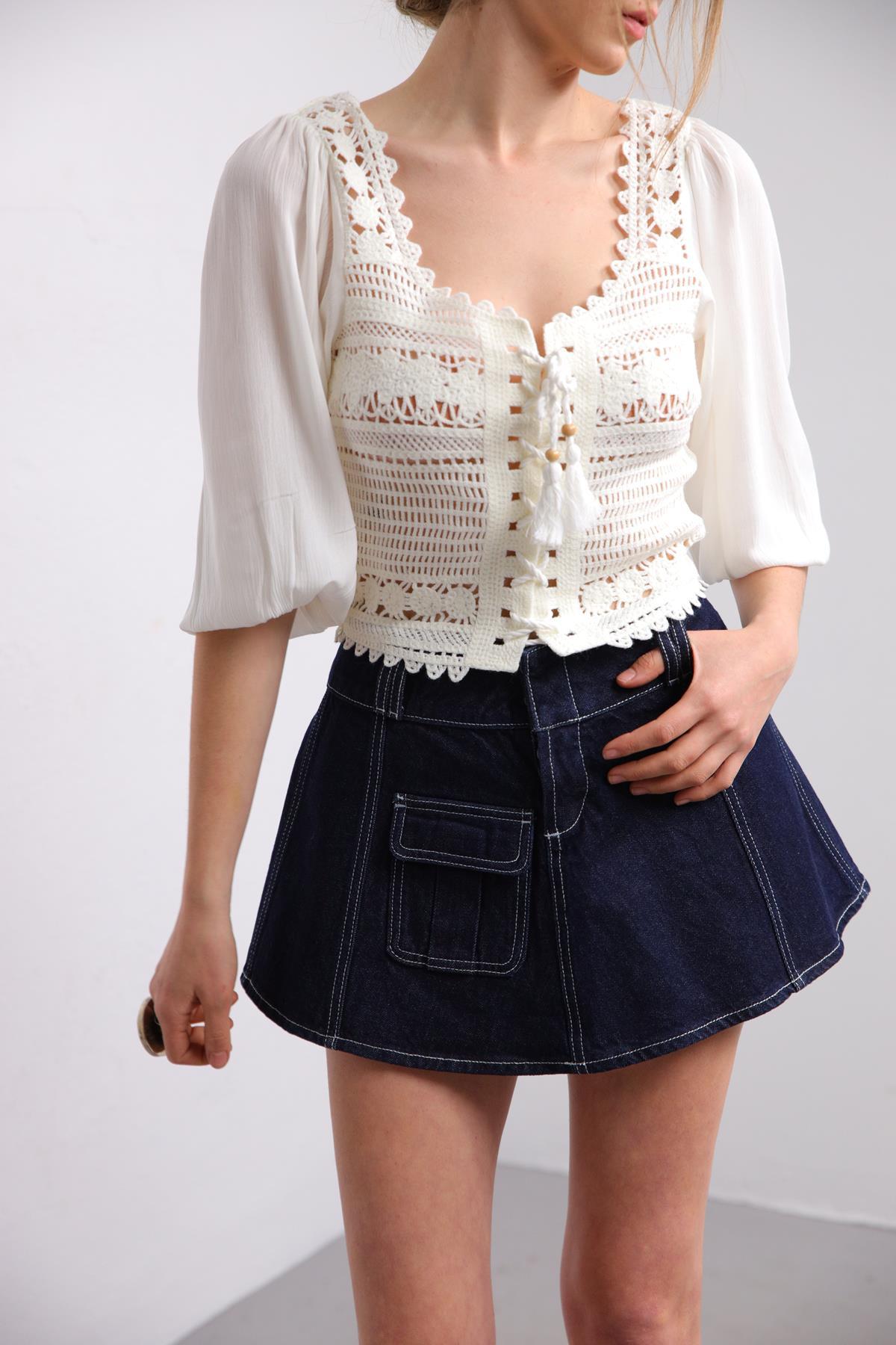 Saman Butik | Shop Online White Tie Detail Knitted Blouse