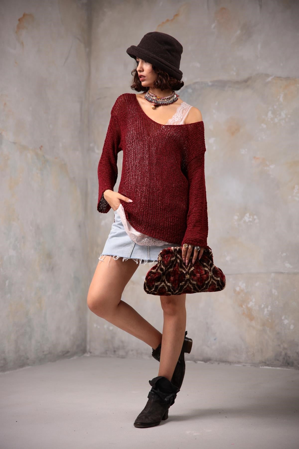 Bordo V Yaka Uzun Kollu Merserize - Şaman Butik Bordo V Yaka Uzun Kollu Merserize