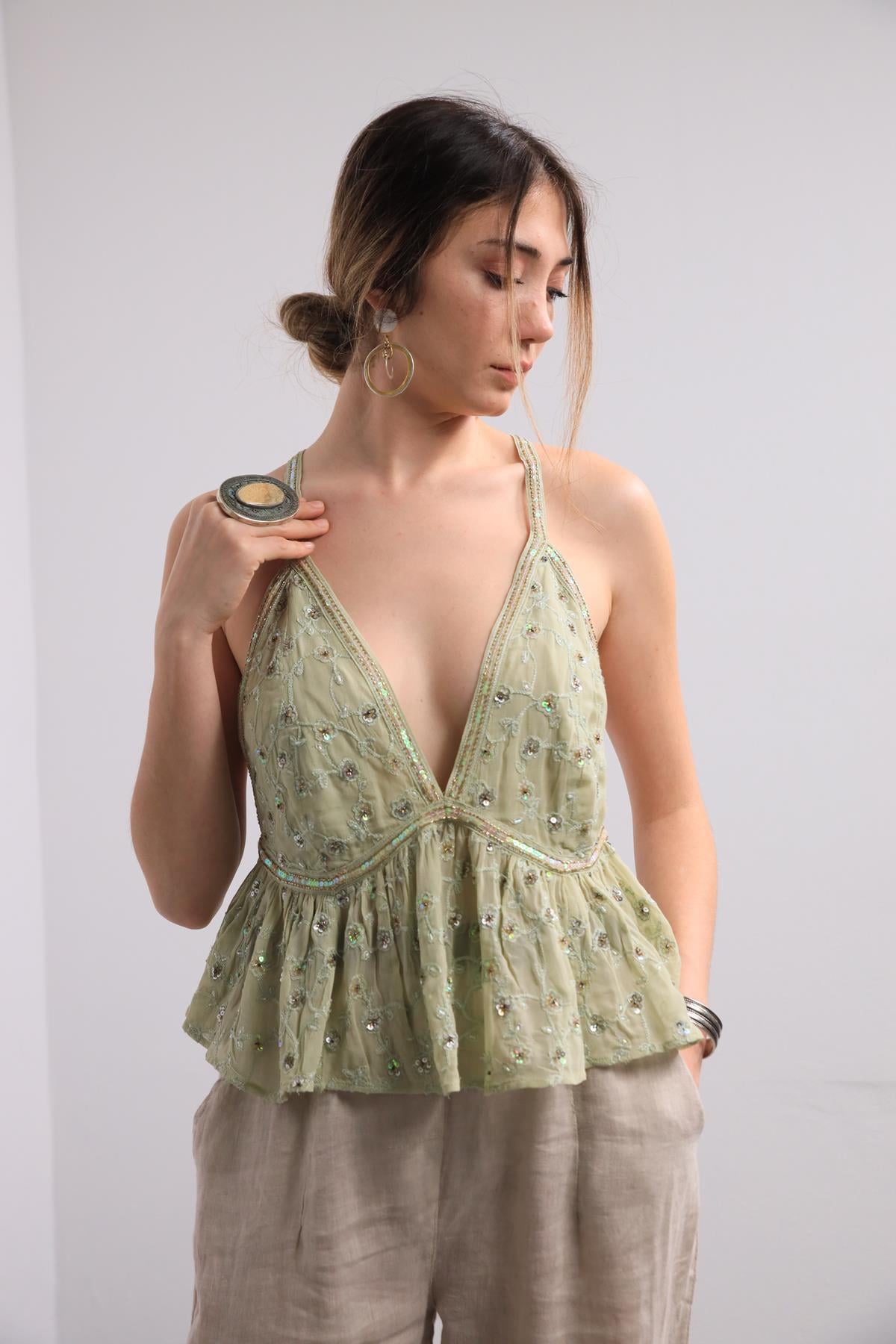  Fıstık Yeşili İşlemeli Boncuklu Boho Bluz