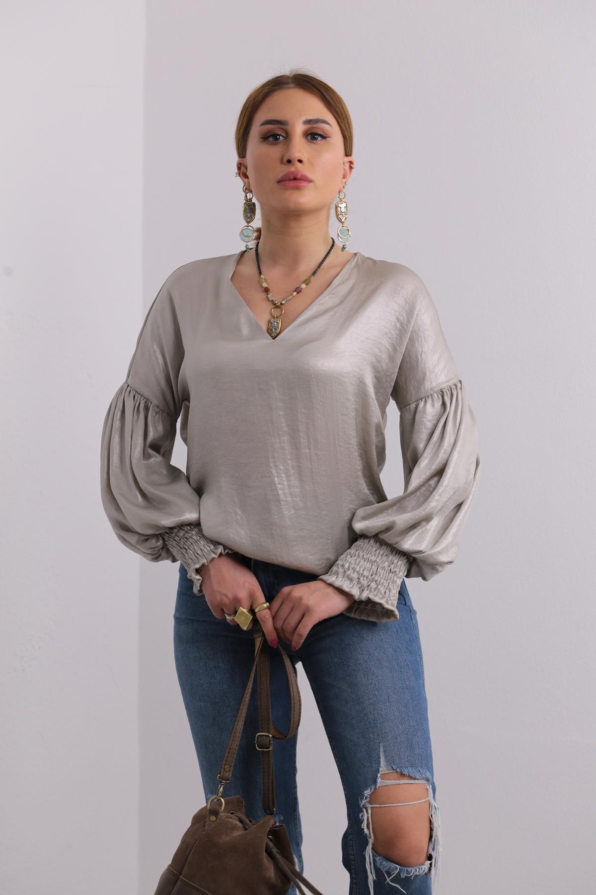 Gümüş Gri Balon Kol Şık Bluz - Şaman Butik - Bohem Giyim ve Aksesuar | Kadın  & Erkek