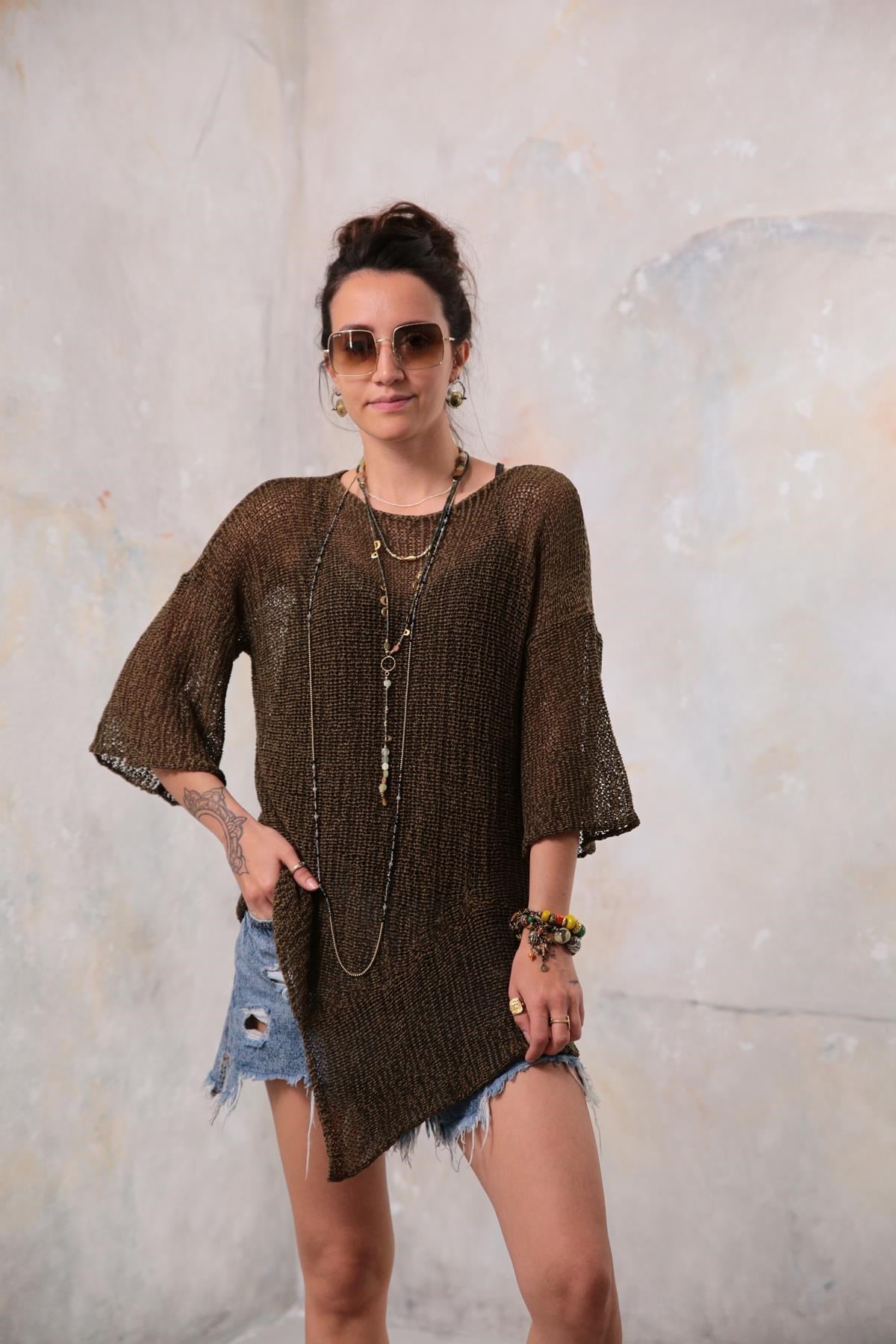 Haki Altı Parçalı Merserize Bluz - Şaman Butik - Bohem Giyim ve Aksesuar | Kadın & Erkek Haki Altı Parçalı Merserize Bluz