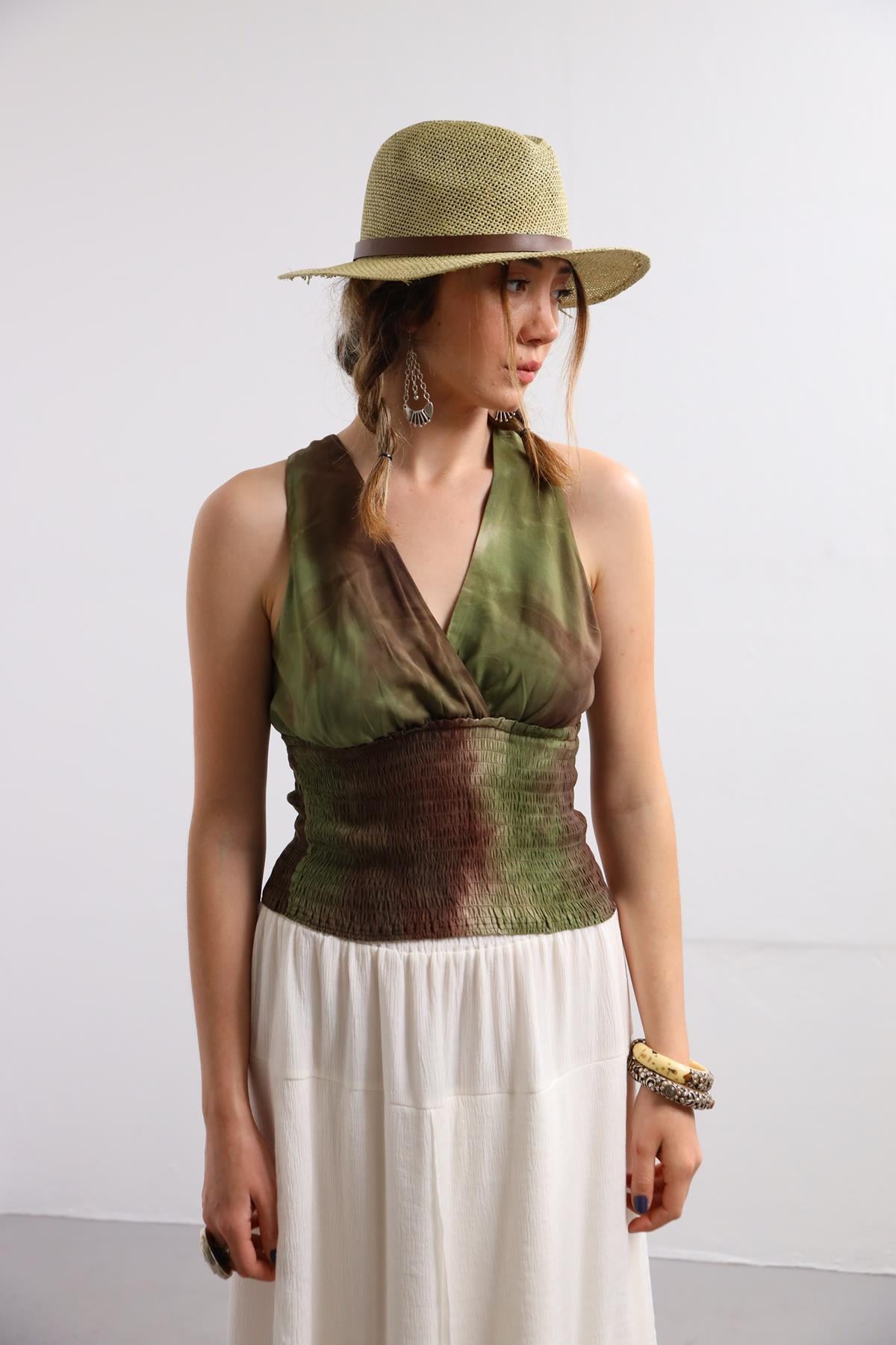 Haki Desenli Gipeli Bluz - Şaman Butik Haki Desenli Gipeli Bluz