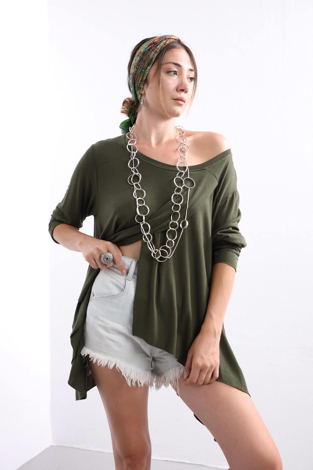 Haki Önü Yırtmaçlı Bluz - Şaman Butik - Bohem Giyim ve Aksesuar | Kadın & Erkek Haki Önü Yırtmaçlı Bluz