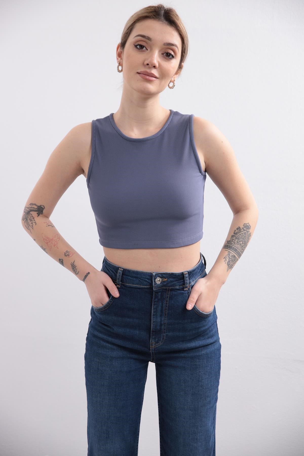  İndigo Mavi Halter Yaka Şardonlu Bluz