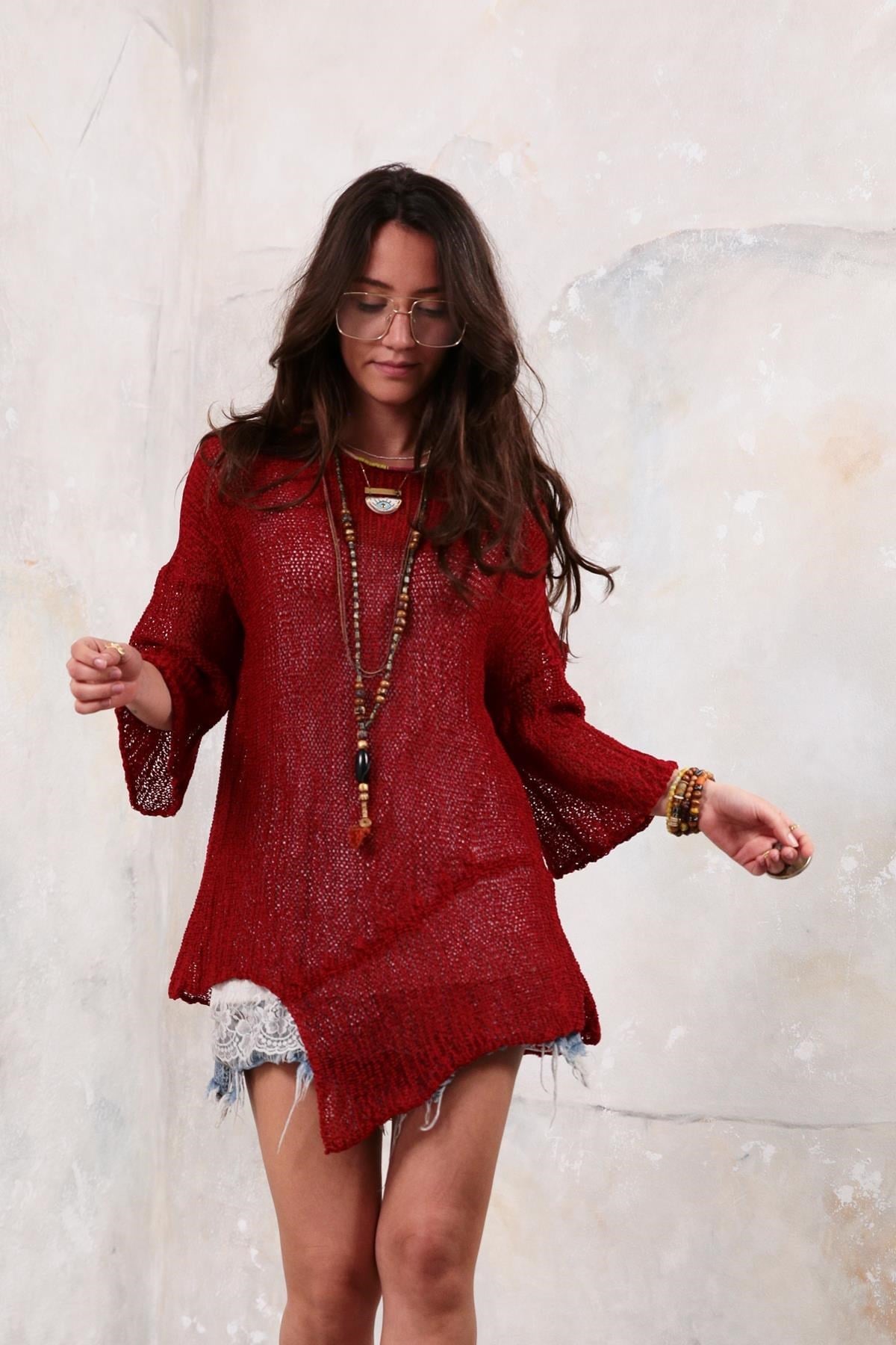 Kırmızı Altı Parçalı Merserize Bluz - Şaman Butik - Bohem Giyim ve Aksesuar | Kadın & Erkek Kırmızı Altı Parçalı Merserize Bluz