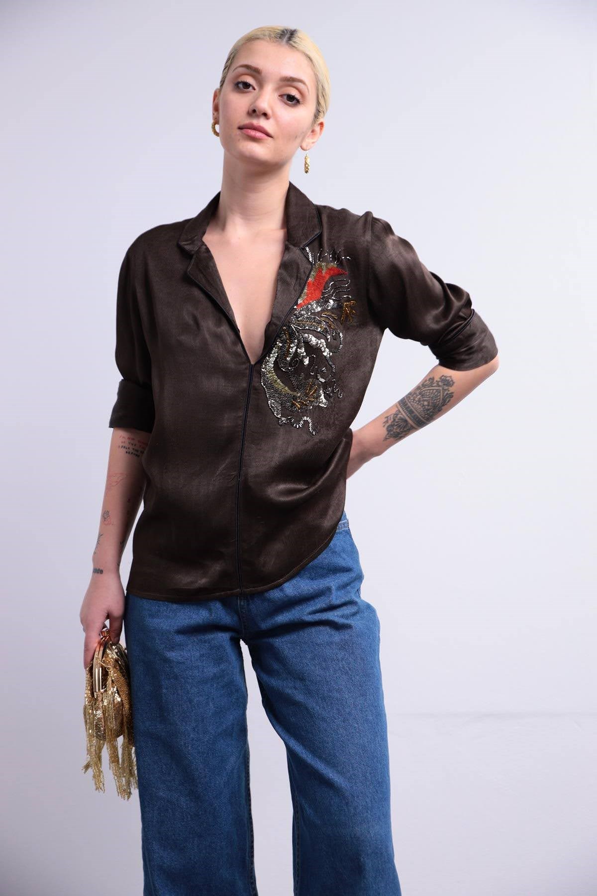 Koyu Haki Pullu Şık Bluz - Şaman Butik Koyu Haki Pullu Şık Bluz