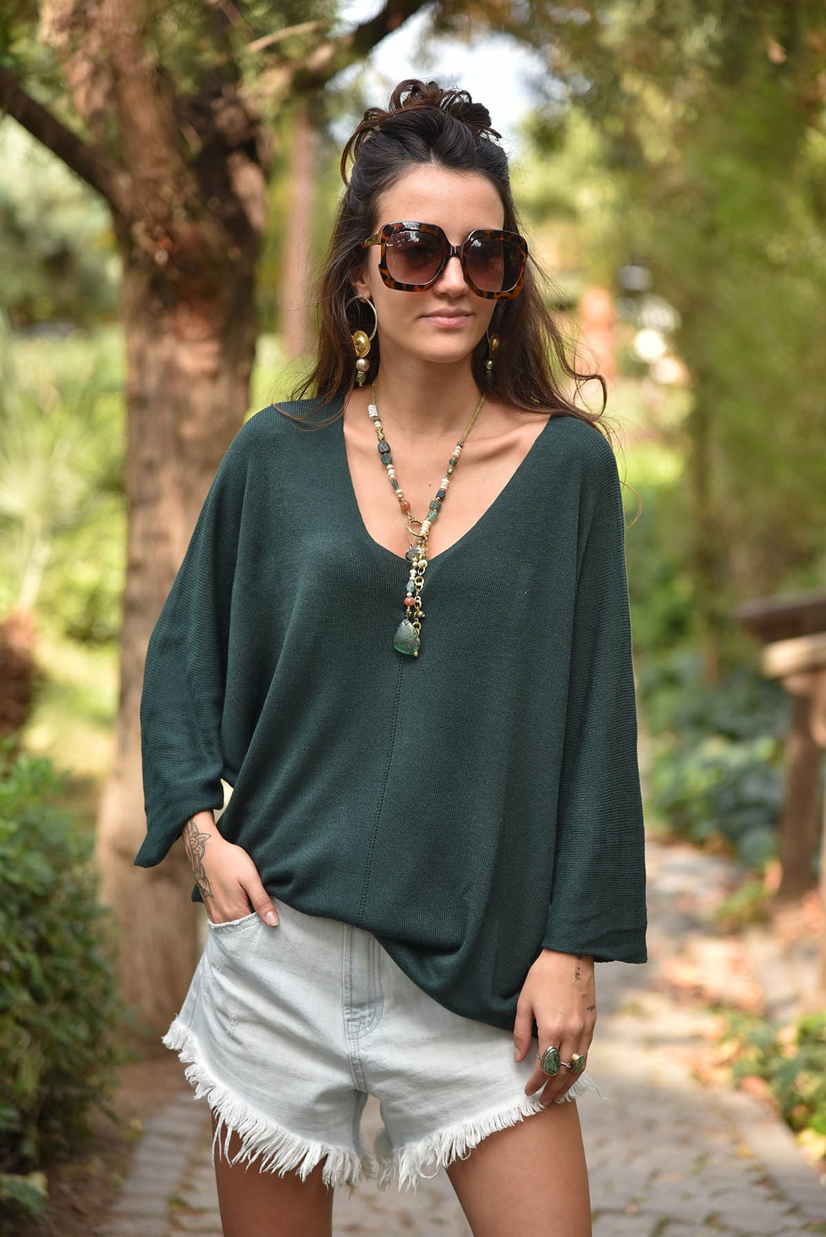 Koyu Yeşil V Yaka Önü Dikiş Detaylı Triko Bluz - Şaman Butik - Bohem Giyim  ve Aksesuar | Kadın & Erkek