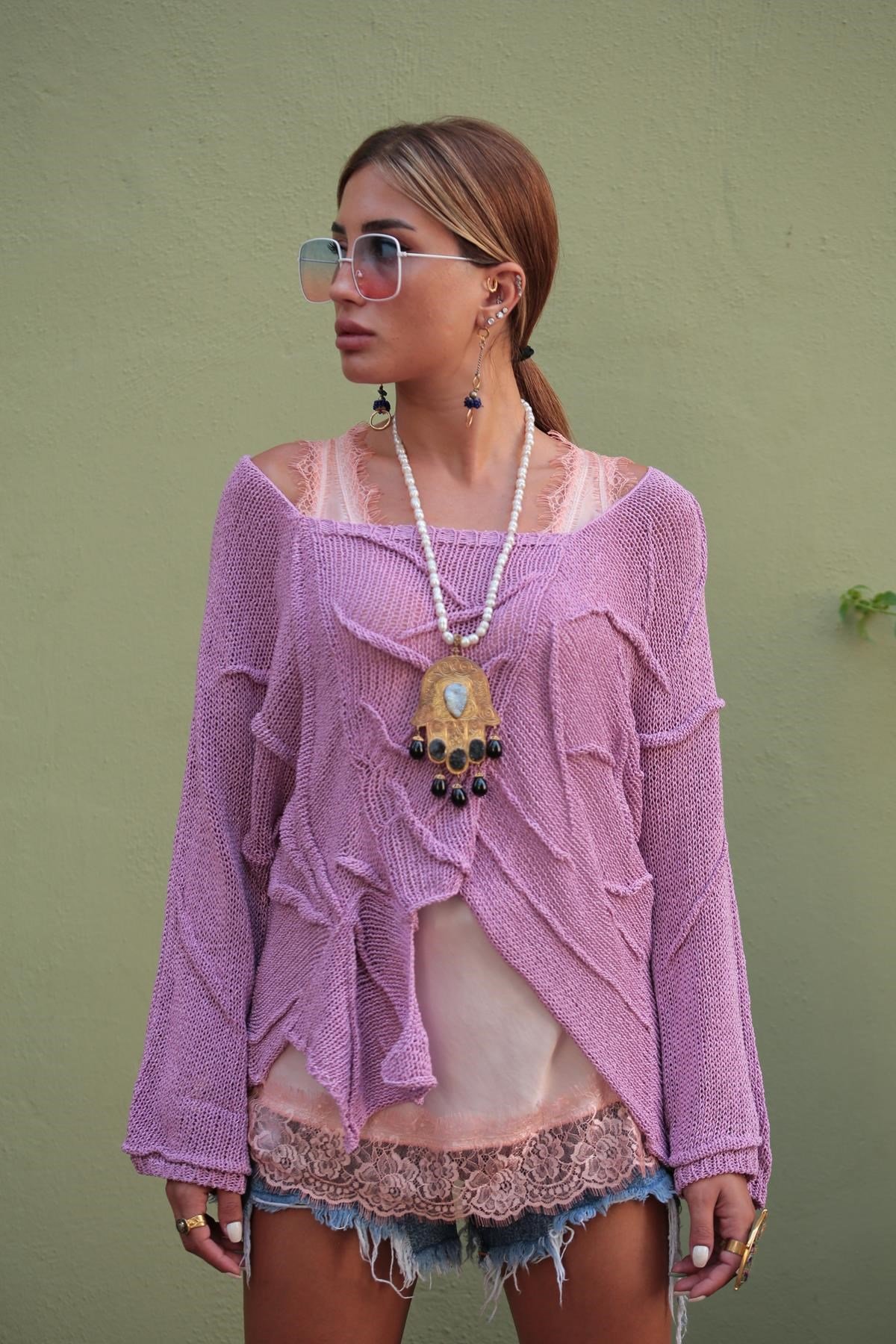 Saman Butik | Shop Online Lilac Stitch Detailed Knitted Blouse