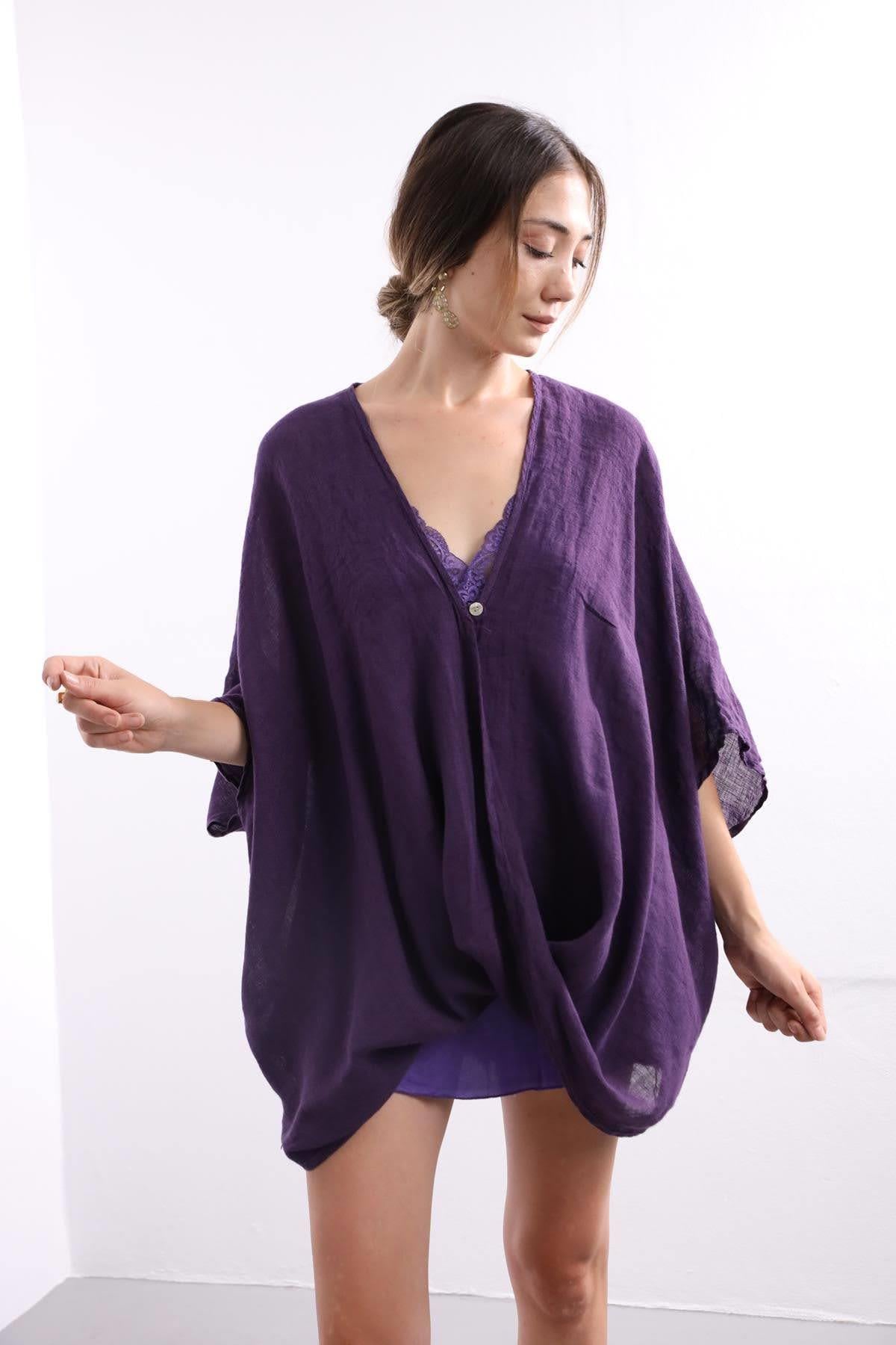 Mor Tek Düğme Keten Judith Bluz - Şaman Butik - Bohem Giyim ve Aksesuar | Kadın & Erkek Mor Tek Düğme Keten Judith Bluz