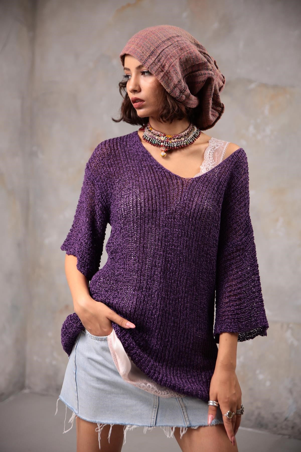 Mor Yetim Kol V Yaka Merserize Bluz - Şaman Butik Mor Yetim Kol V Yaka Merserize Bluz