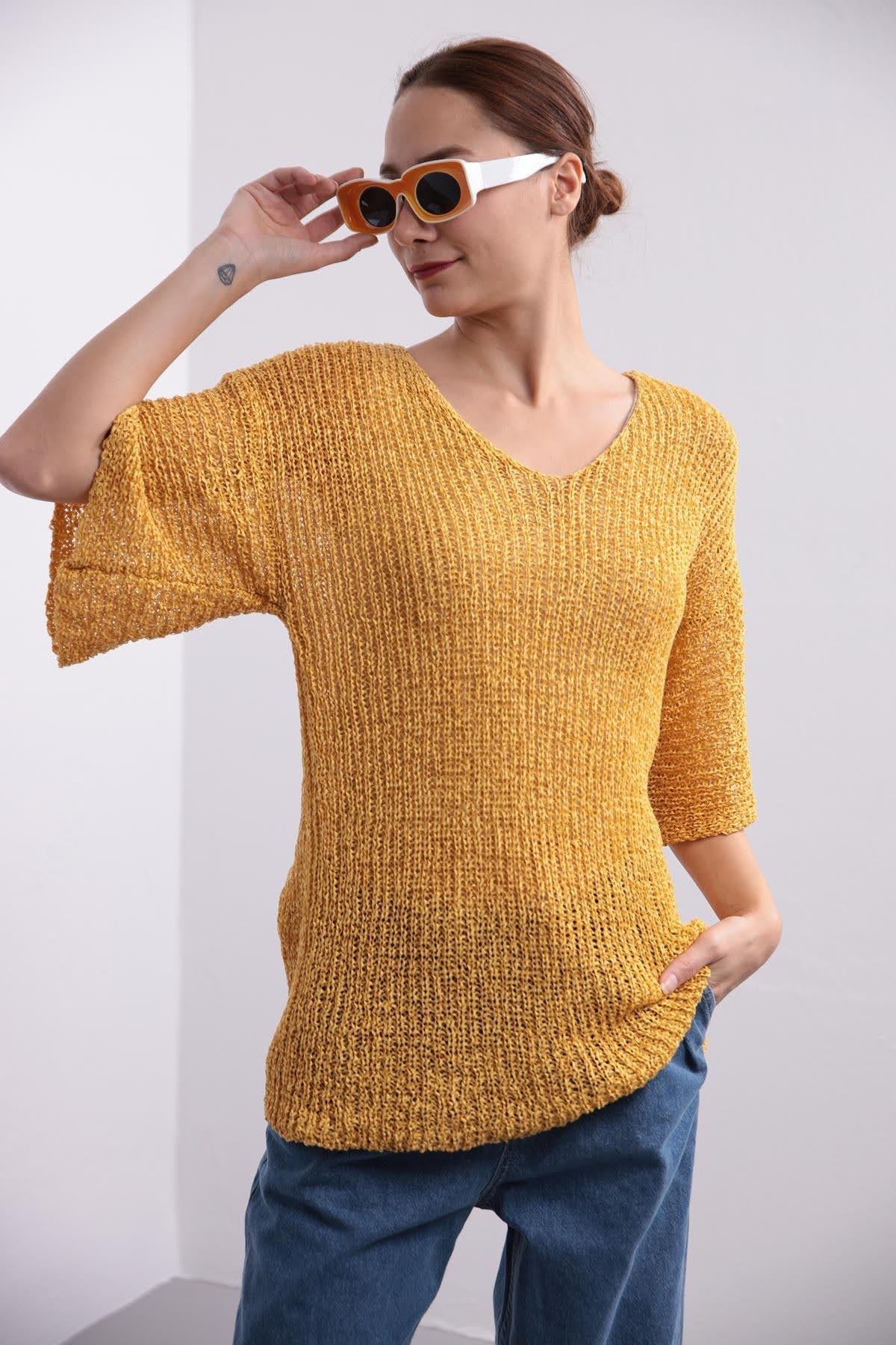 Saman Butik | Shop Online Yellow Orphan Sleeve V-Neck Mercerized Blouse