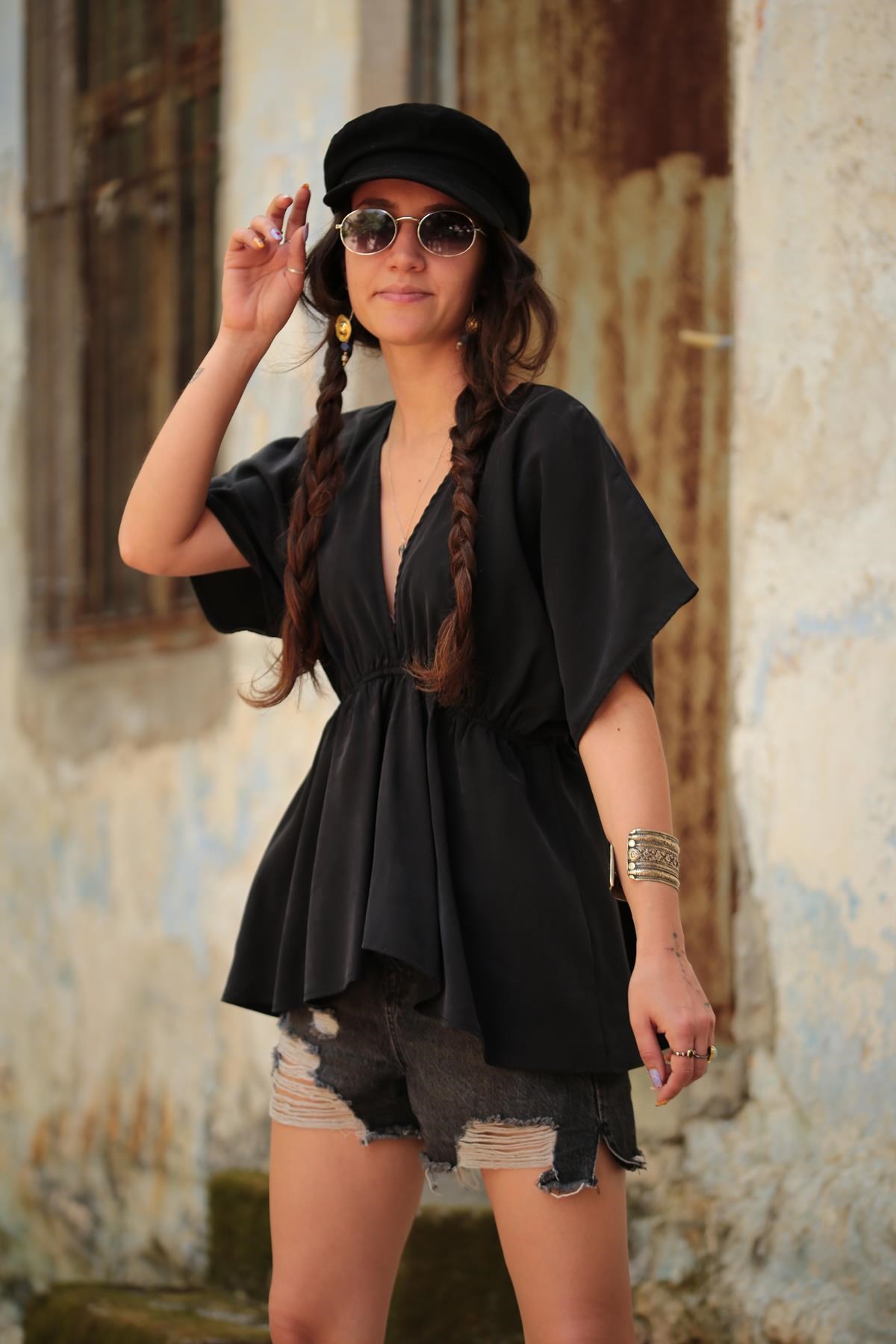 Siyah Belden Büzgülü Yarasa Kol Bluz - Şaman Butik - Bohem Giyim ve  Aksesuar | Kadın & Erkek