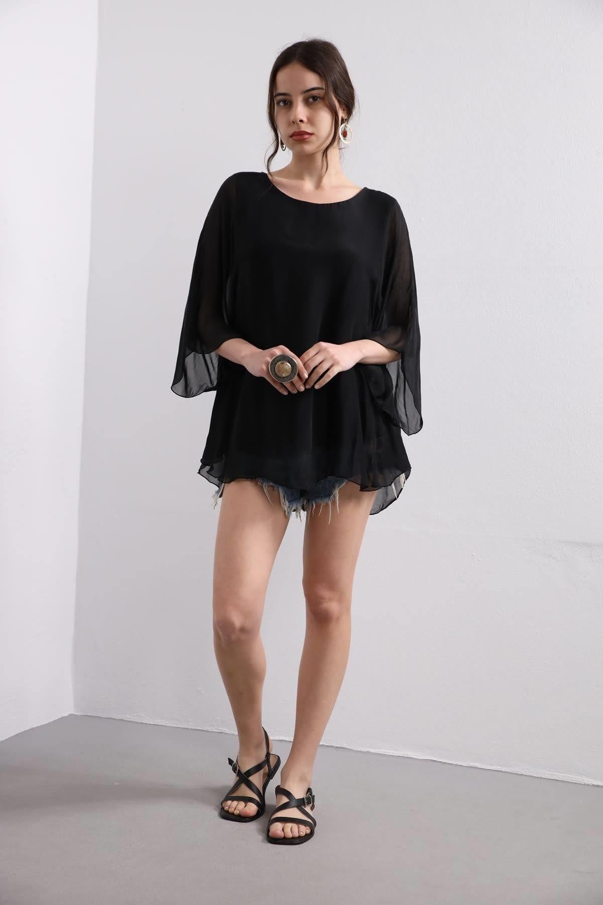 Siyah Bisiklet Yaka İpek Bluz - Şaman Butik Siyah Bisiklet Yaka İpek Bluz