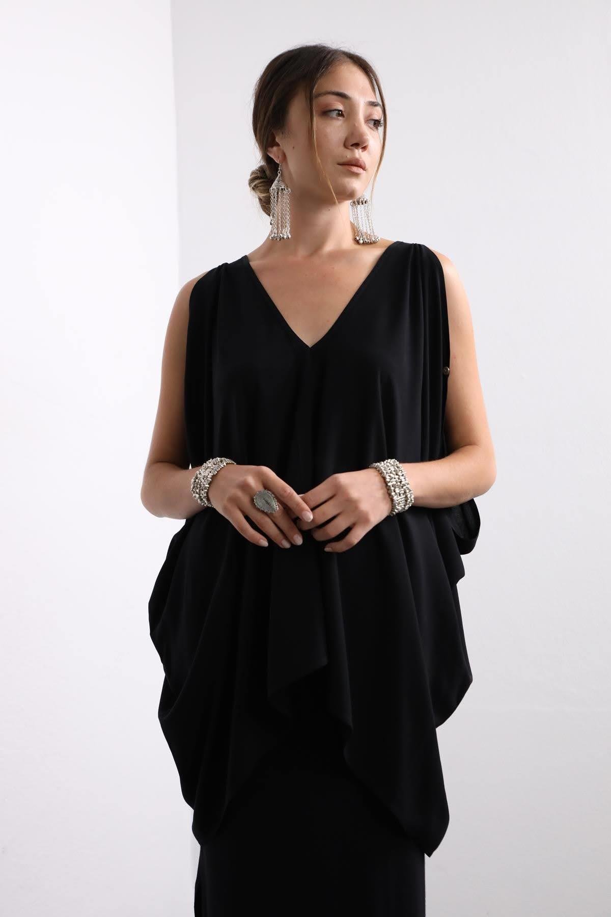 Black Boat Neck Open Shoulder Loose Blouse - Saman Butik | Boho Fashion Black Boat Neck Open Shoulder Loose Blouse