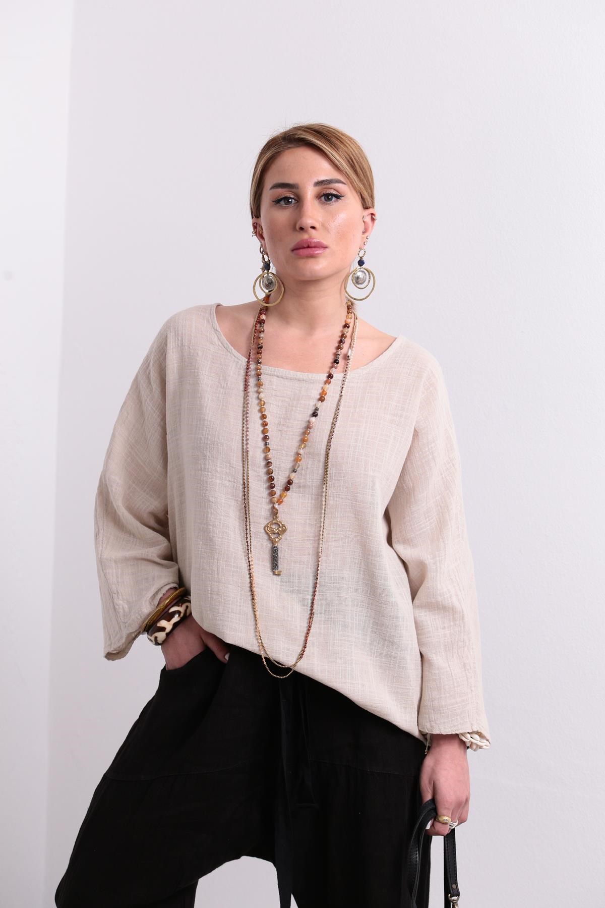 Taş Rengi Kayık Yaka Bluz - Şaman Butik Taş Rengi Kayık Yaka Bluz