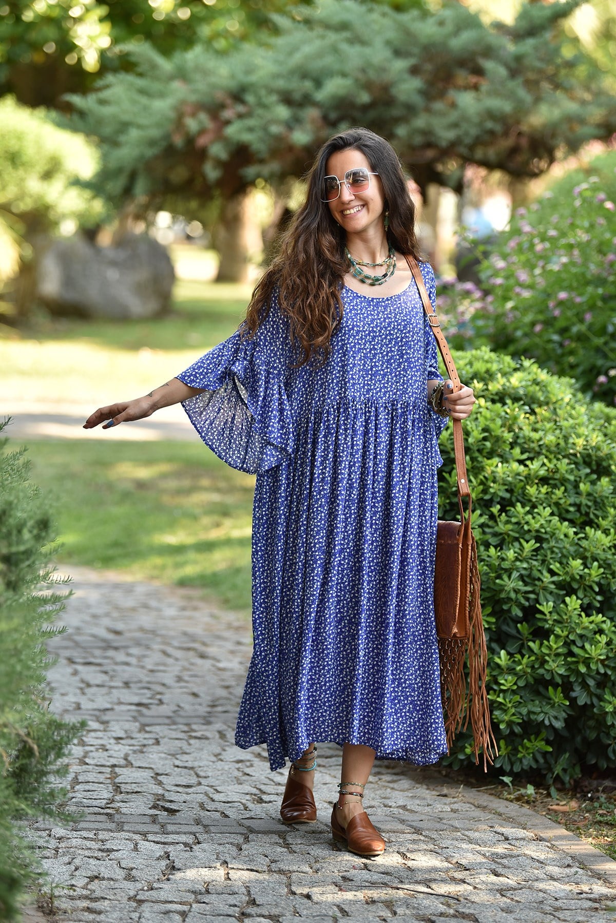 Saks Mavi Yeşil Minik Çiçekli Kolu Fırfırlı Elbise - Şaman Butik  - Bohem Giyim ve Aksesuar | Kadın & Erkek Saks Mavi Yeşil Minik Çiçekli Kolu Fırfırlı Elbise