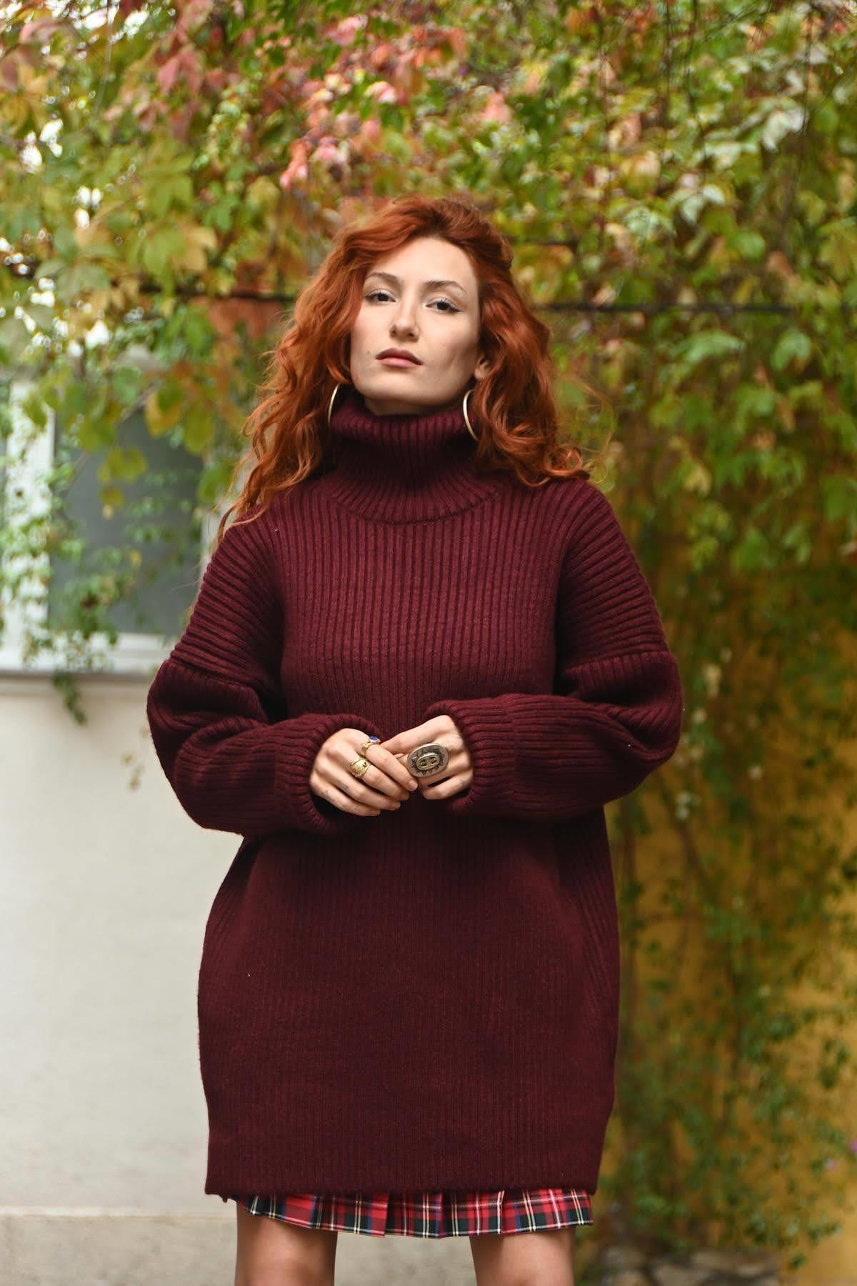 Bordo Balıkçı Yaka Fitilli Mini Triko Elbise